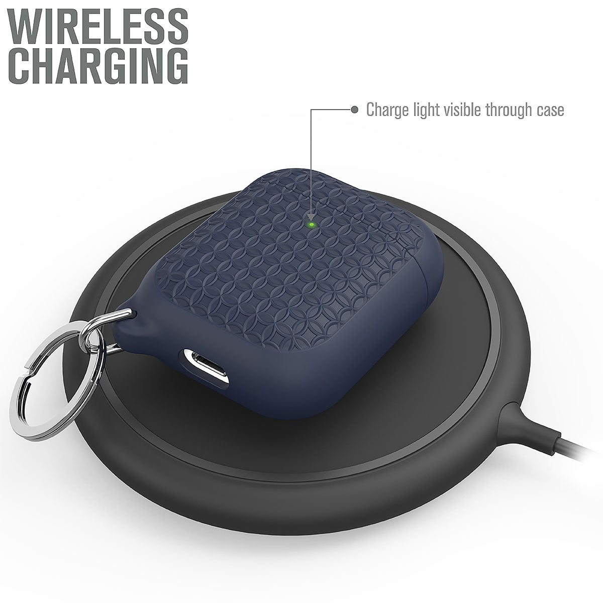 Catalyst airpods gen2/1 case keyring showing the case on the wireless charger text reads wireless charging charge light visible through case