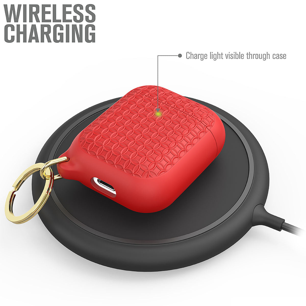 Catalyst airpods gen2/1 case keyring showing the case on the wireless charger text reads wireless charging charge light visible through case