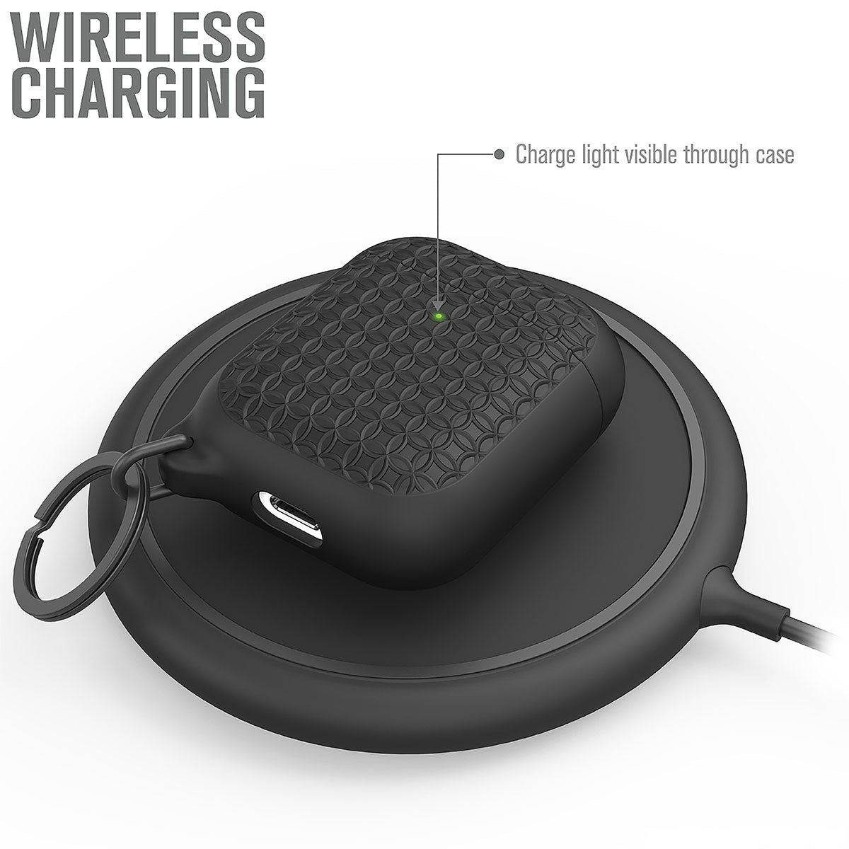 Catalyst airpods gen2/1 case keyring showing the case on the wireless charger text reads wireless charging charge light visible through case