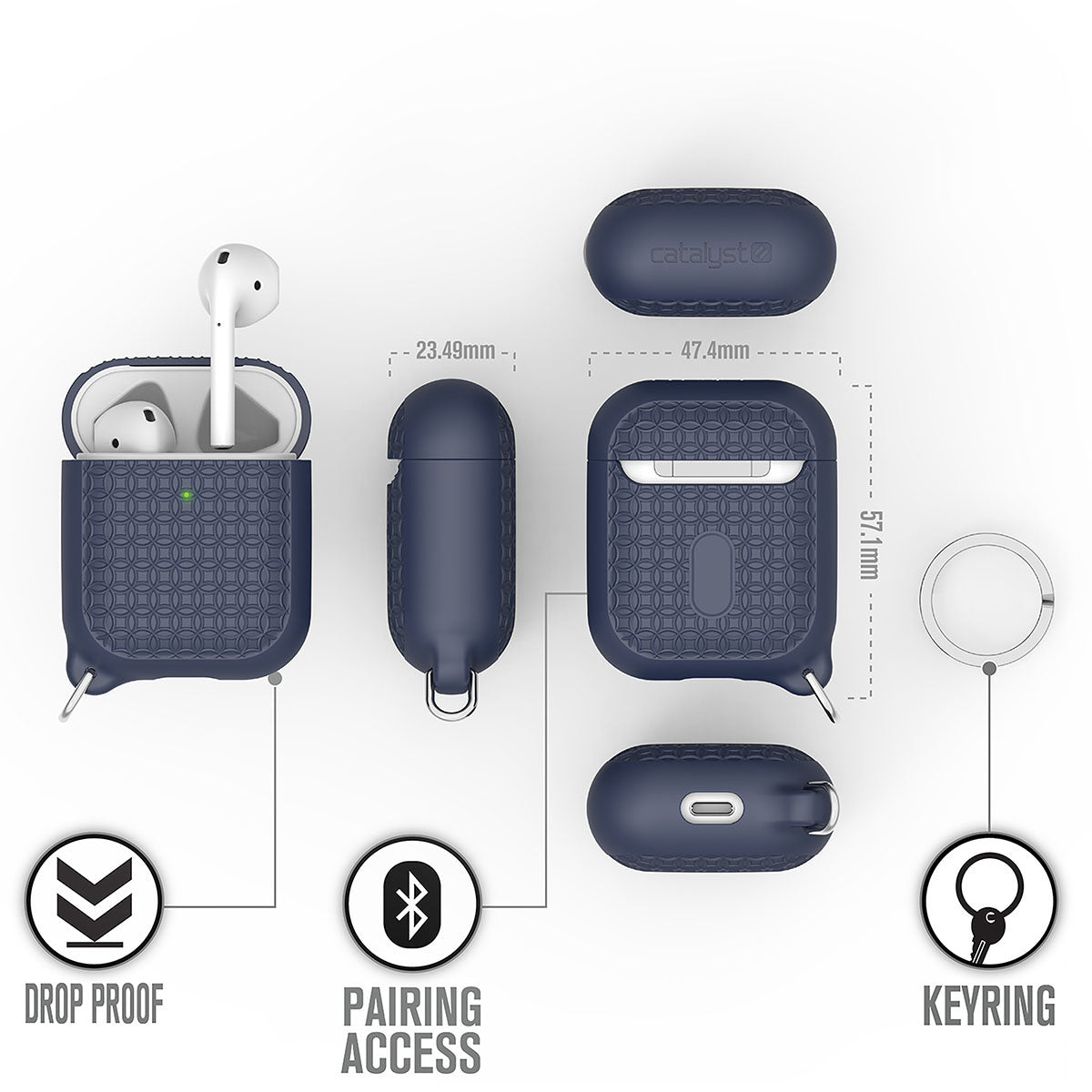 Catalyst airpods gen2/1 case keyring showing the case's different sides and dimension text reads drop proof pairing access keyring