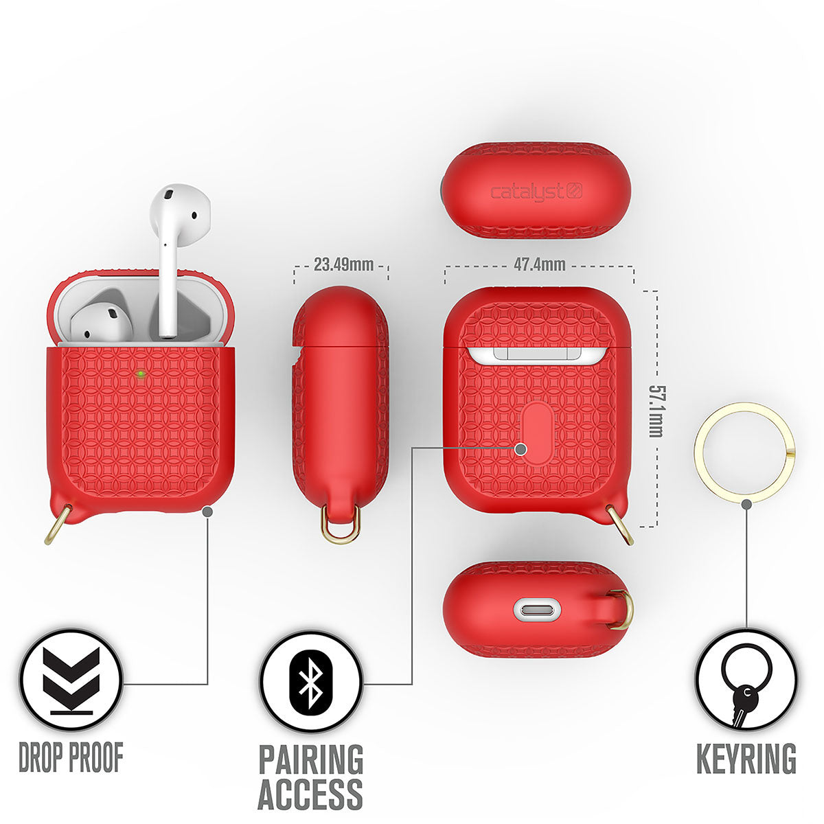Catalyst airpods gen2/1 case keyring showing the case's different sides and dimension text reads drop proof pairing access keyring