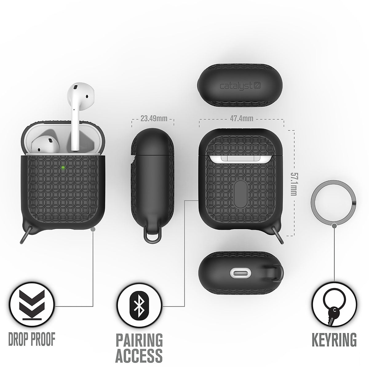 Catalyst airpods gen2/1 case keyring showing the case's different sides and dimension text reads drop proof pairing access keyring