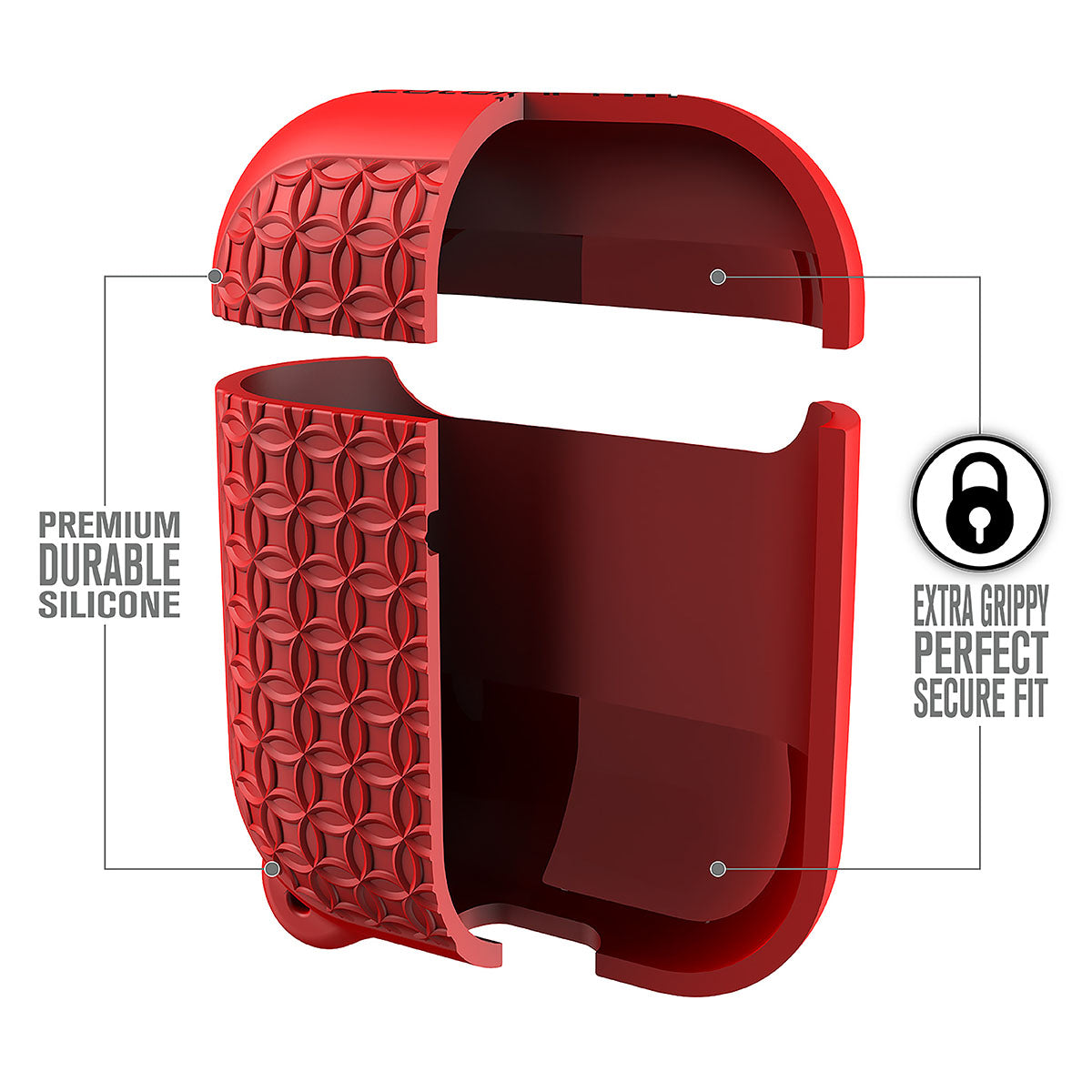 Catalyst airpods gen2/1 case keyring showing the interior of the case text reads premium durable silicone extra grippy perfect secure fit