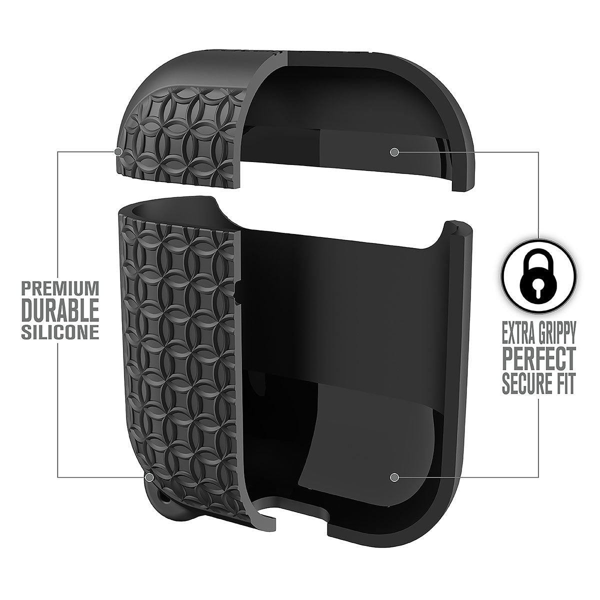 Catalyst airpods gen2/1 case keyring showing the interior of the case text reads premium durable silicone extra grippy perfect secure fit