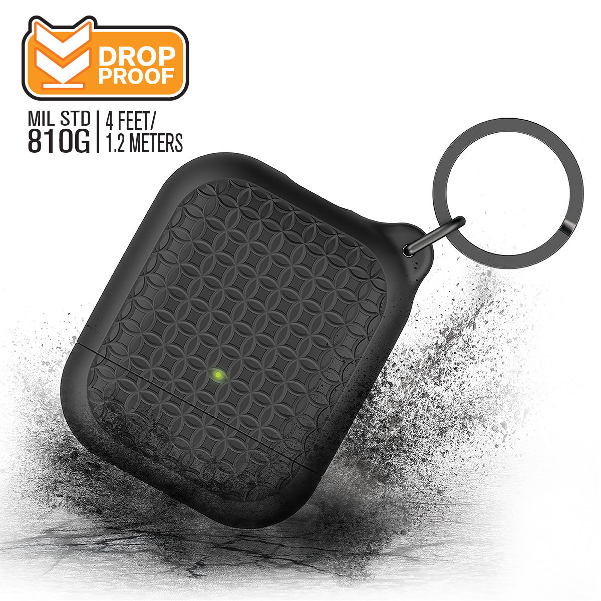The Catalyst Case US AirPods (Gen 2/1) Case + Keyring features a black textured, rugged design with a keyring. DROP PROOF badge and MIL STD 810G, 4 FEET/1.2 METERS specs emphasize its shockproof durability against dust and drops.