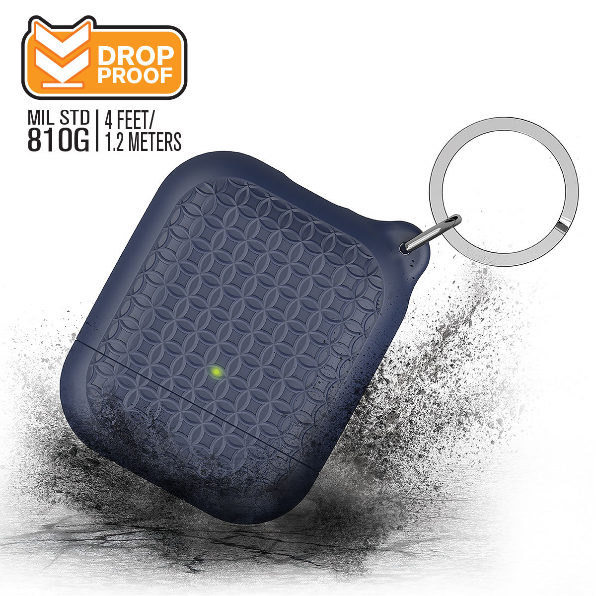 The Catalyst Case US AirPods (Gen 2/1) - Case + Keyring in dark blue, shown among black debris, features MIL STD 810G "DROP PROOF" protection for 4-foot drops and a visible green LED on the case.