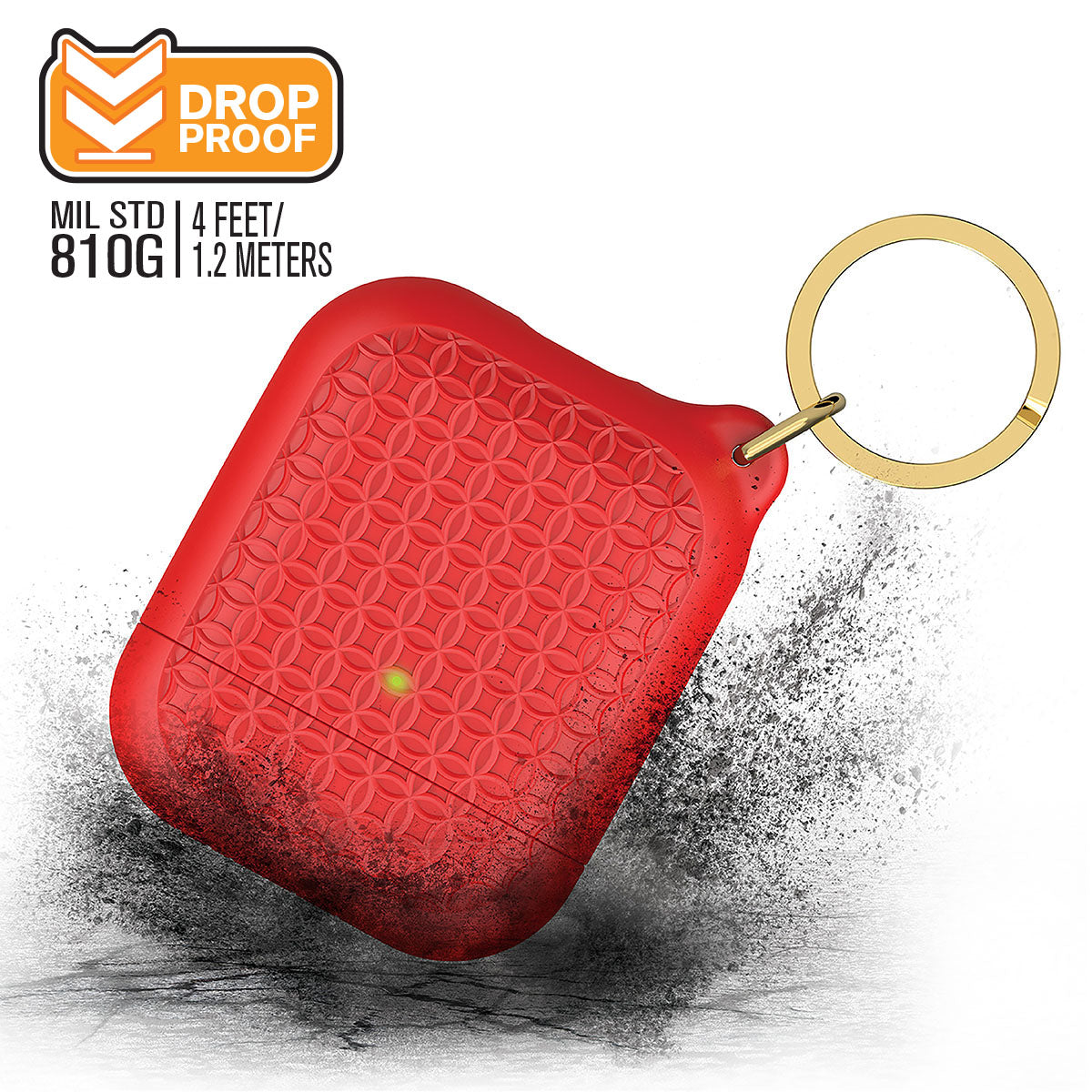 Catalyst airpods gen2/1 case keyring showing the side of the case with keyring text reads drop proof mil std 810g 4 feet/1.2 meters