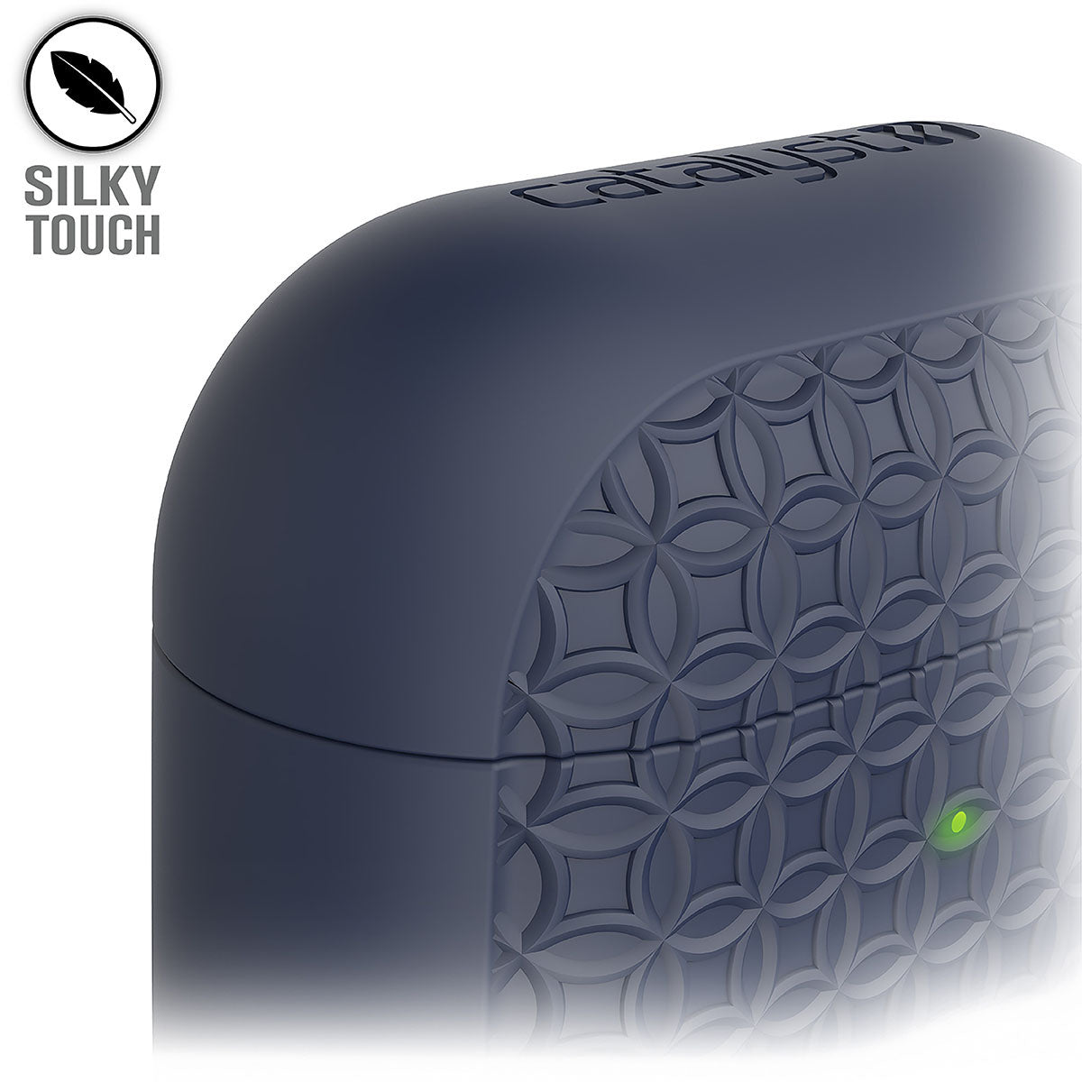 Catalyst airpods gen2/1 case keyring showing the side of the case with keyring text reads silky touch