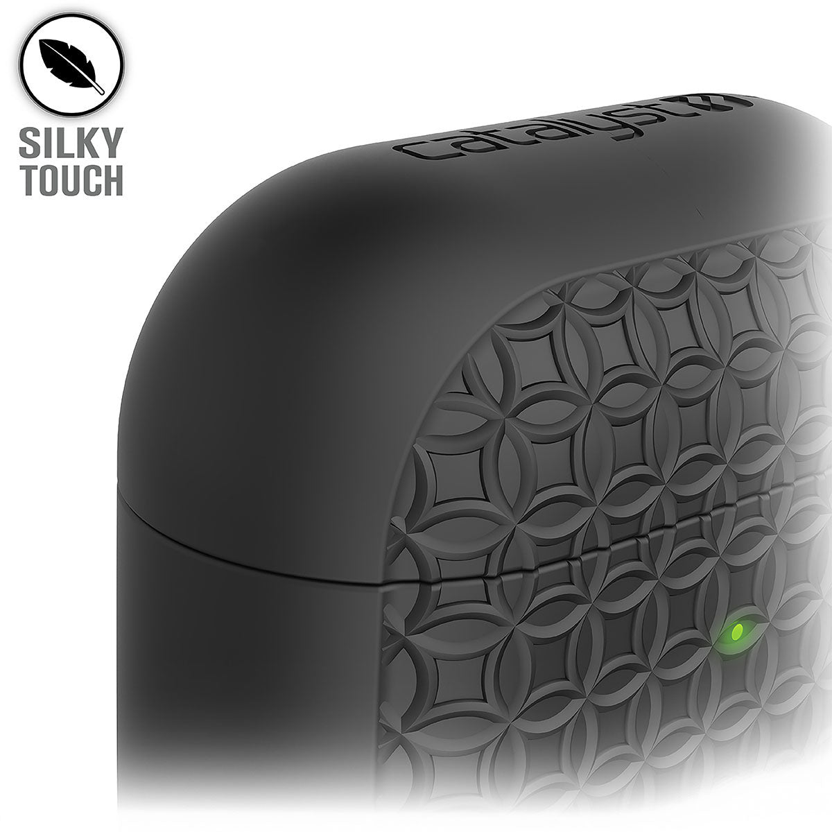 Catalyst airpods gen2/1 case keyring showing the side of the case with keyring text reads silky touch