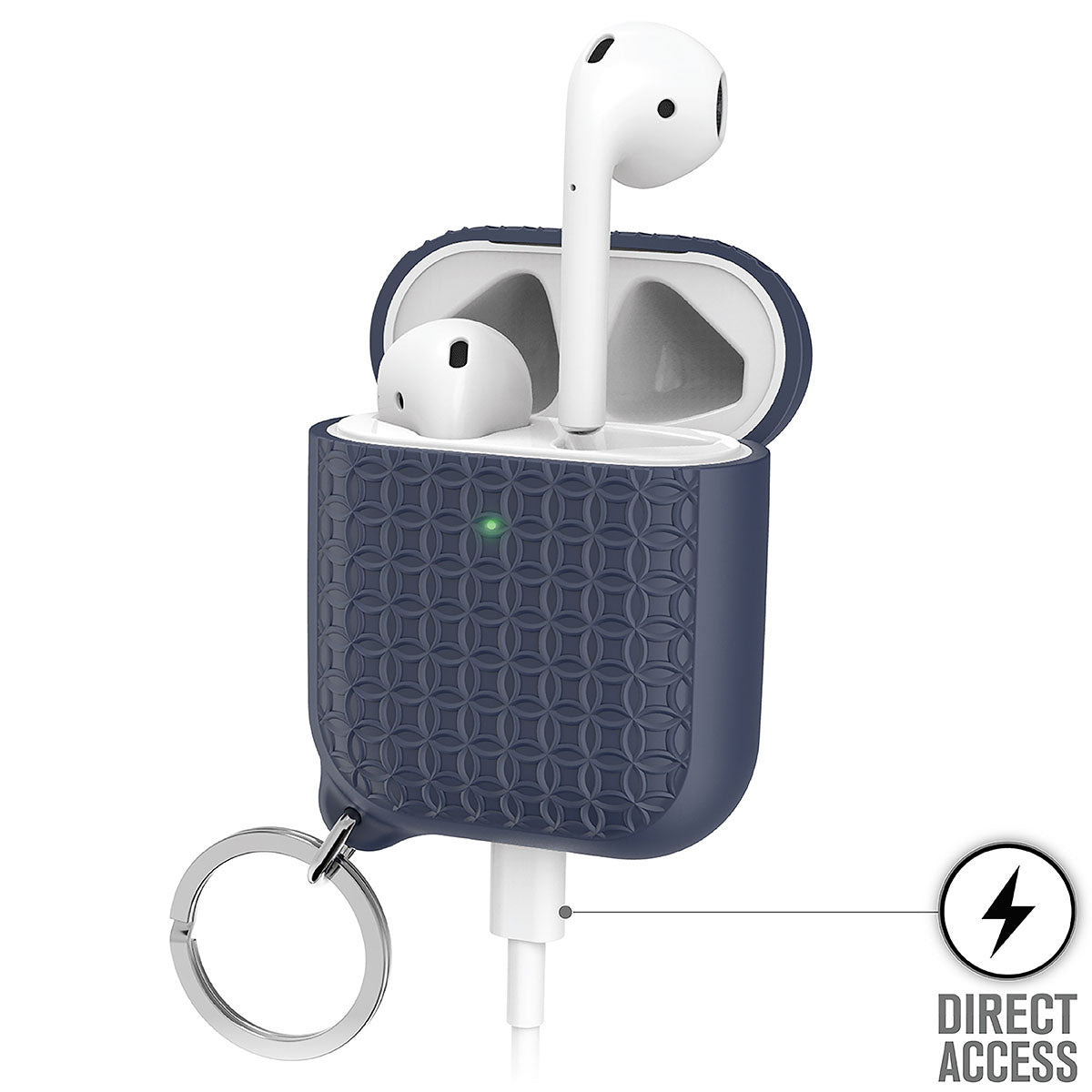 Catalyst airpods gen2/1 case keyring showing the side of the case with keyring airpods and lightning port inserted text reads direct access