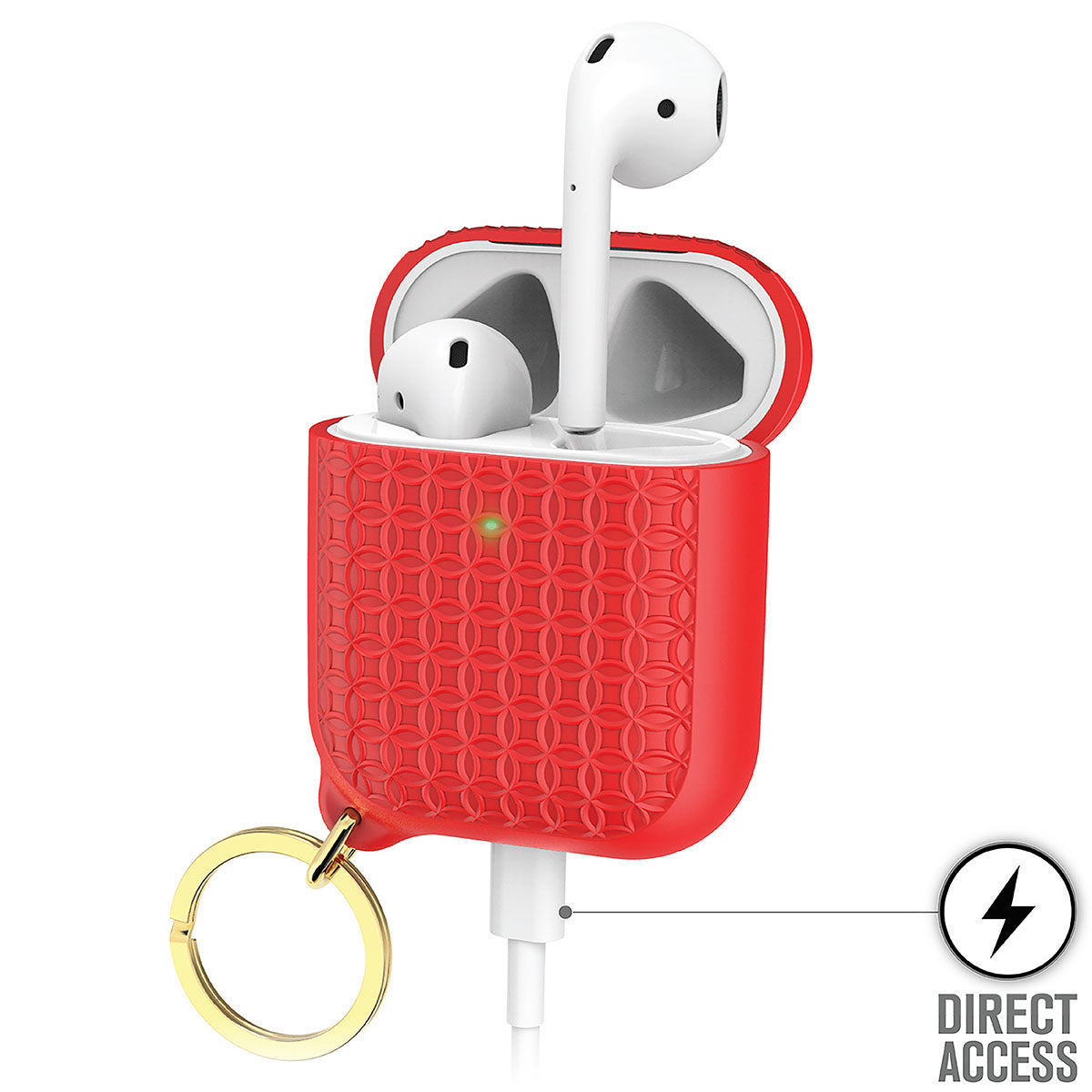 Catalyst airpods gen2/1 case keyring showing the side of the case with keyring airpods and lightning port inserted text reads direct access