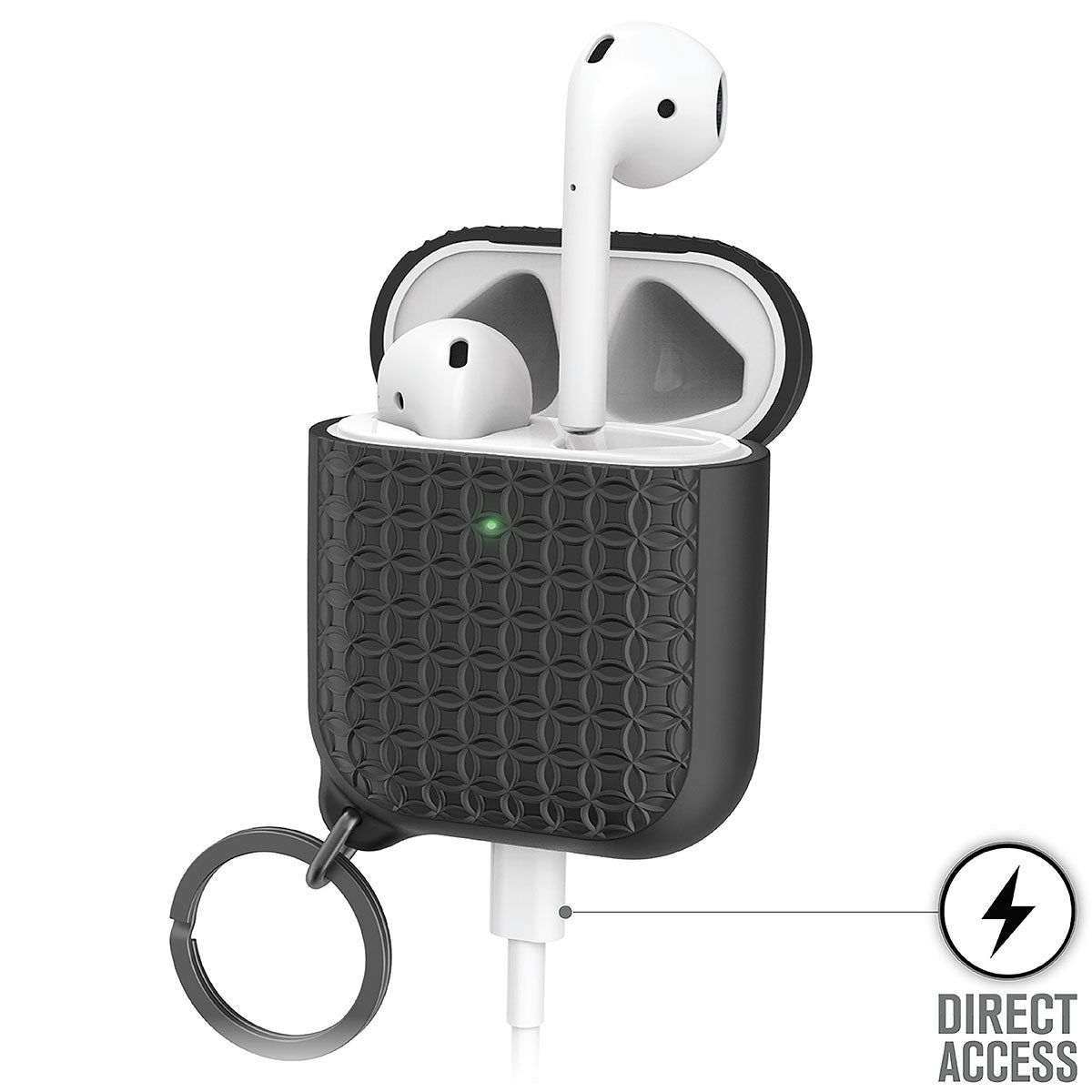 Catalyst airpods gen2/1 case keyring showing the side of the case with keyring airpods and lightning port inserted text reads direct access