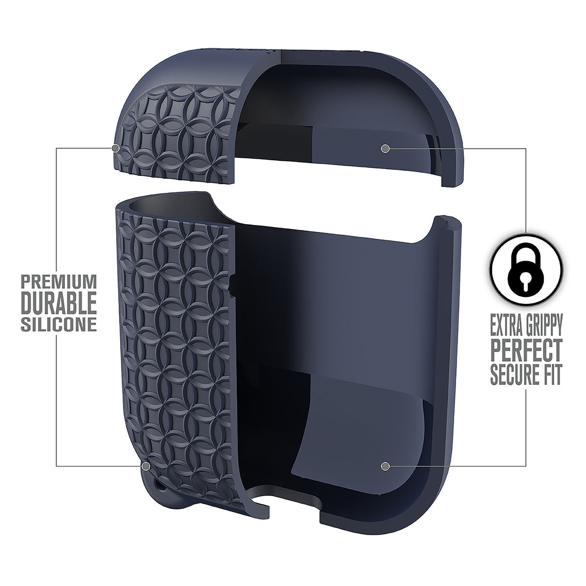 Catalyst airpods gen2/1 case plus keyring showing the interior of the case text reads premium durable silicone extra grippy perfect secure fit