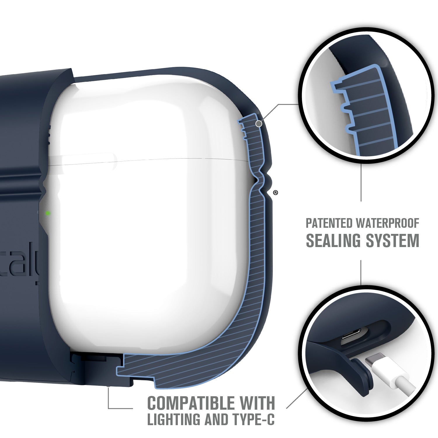CATAPLAPDPRONAV | catalyst airpods pro gen 2 1 waterproof case carabiner special edition blue showing the patented waterproof sealing system texts reads patented waterproof sealing system compatible with lightning and type c