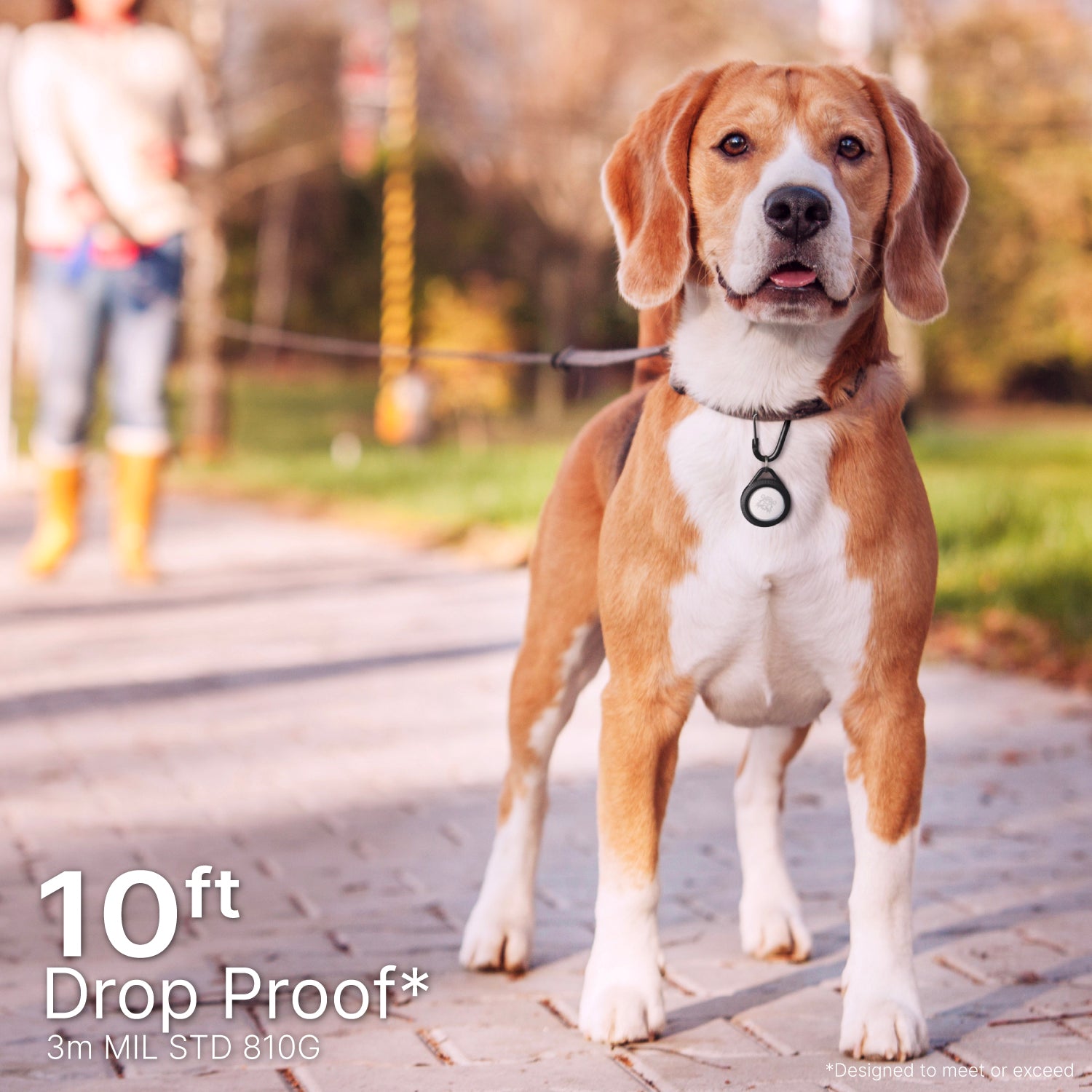 Catalyst airtag total protection case hang it attach on the collar of the dog Text read 10ft drop proof 3m MIL STD 810G