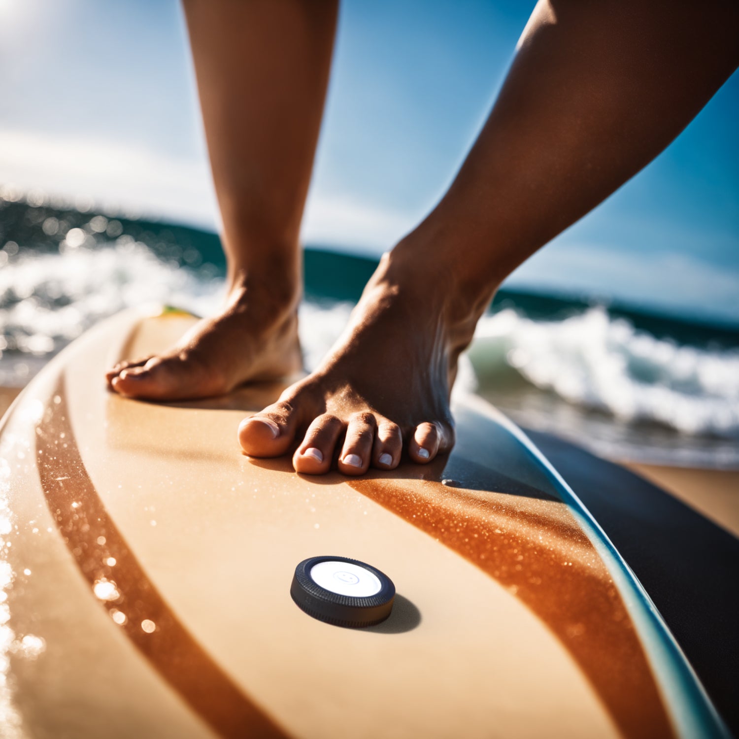 Catalyst airtag total protection case stick it showing the case attached to a surfboard