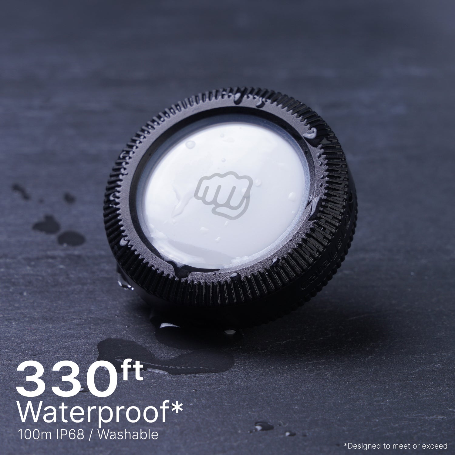 Catalyst airtag total protection case stick it showing the front view of the case text reads 330ft waterproof 100m IP68/washable