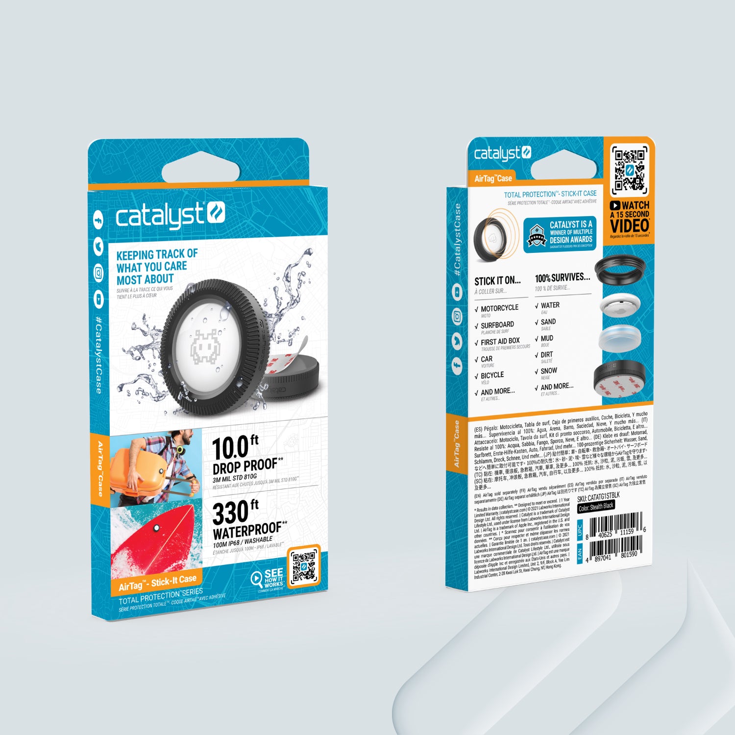 Catalyst airtag total protection case stick it showing the front and back of the case packaging