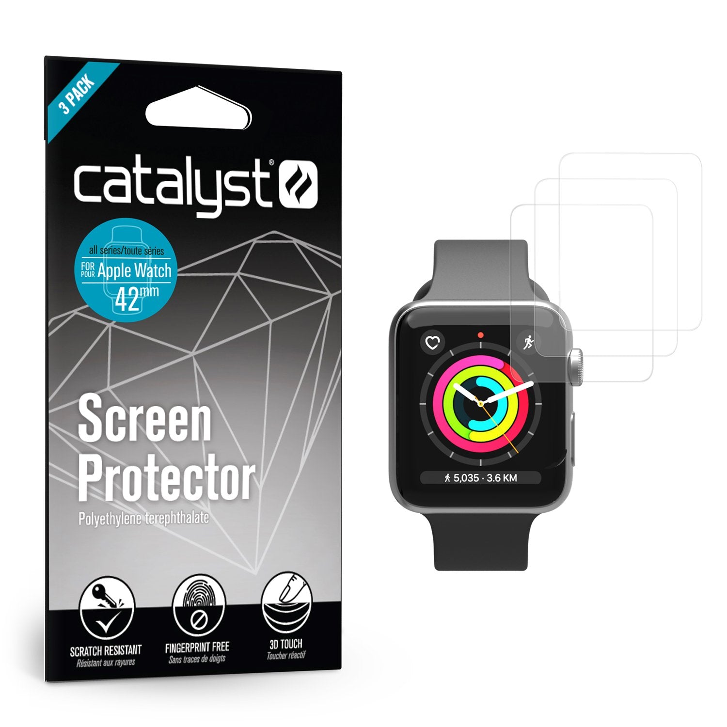 Catalyst Apple Watch Series 3/2 42mm Screen Potector showing apple watch with screen protector text reads 3 pack Catalyst apple watch 42mm screen protector polyethylene terephthalate scratch resistant fingerprint free 3d touch
