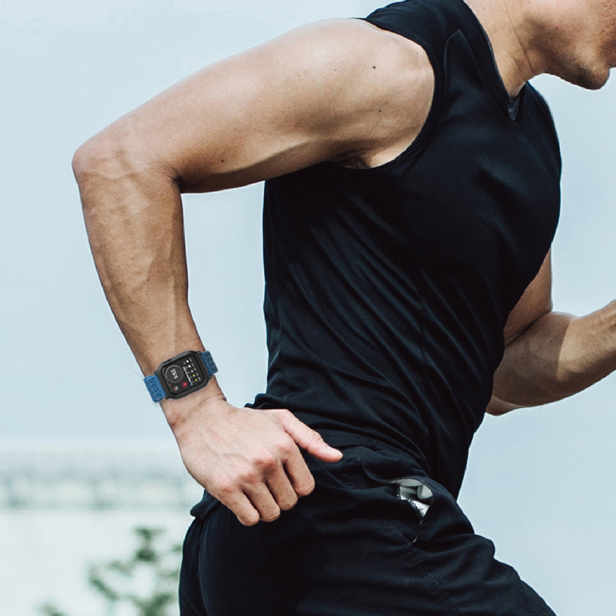 catalyst apple watch series 9 8 7 6 5 4 SE Gen 2 1 38 40 41mm sport band buckle edition man running wearing an apple watch with blueridge sunset sport band
