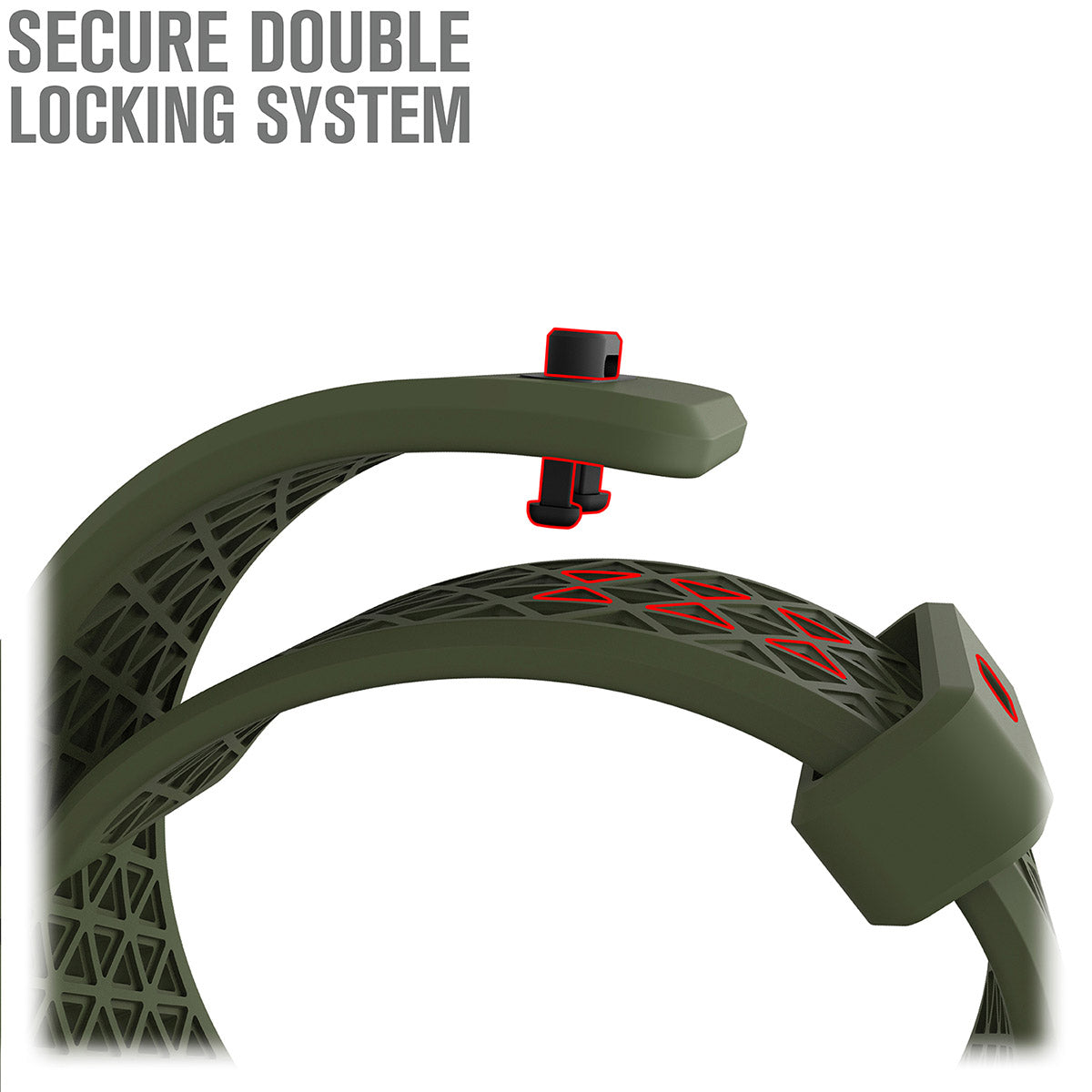 catalyst apple watch series 9 8 7 6 5 4 se gen 2 1 38 40 41mm sports band with apple connector showing the secure double locking system army green text reads secure double locking system