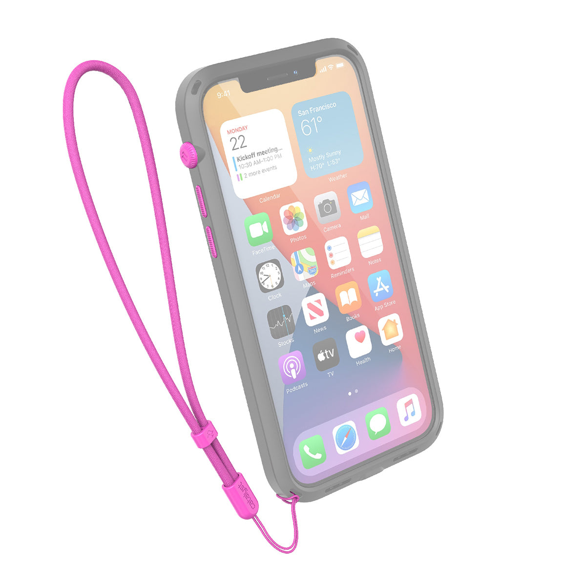 catalyst colored lanyard & buttons neon pink installed on catalyst case