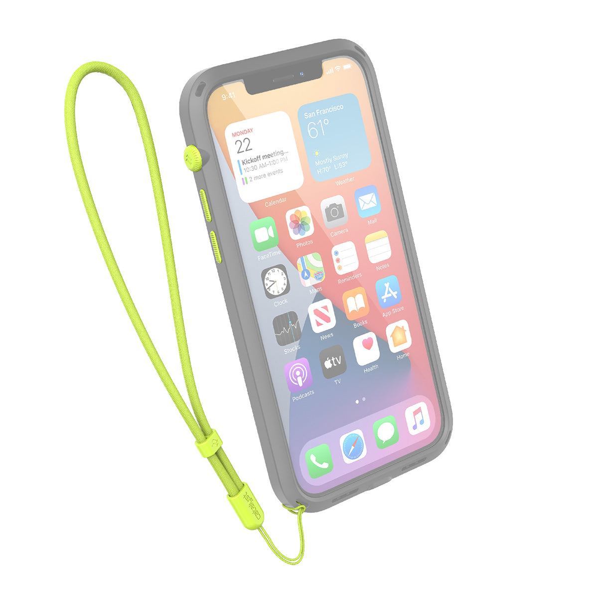 catalyst colored lanyard & buttons neon yellow installed on catalyst case
