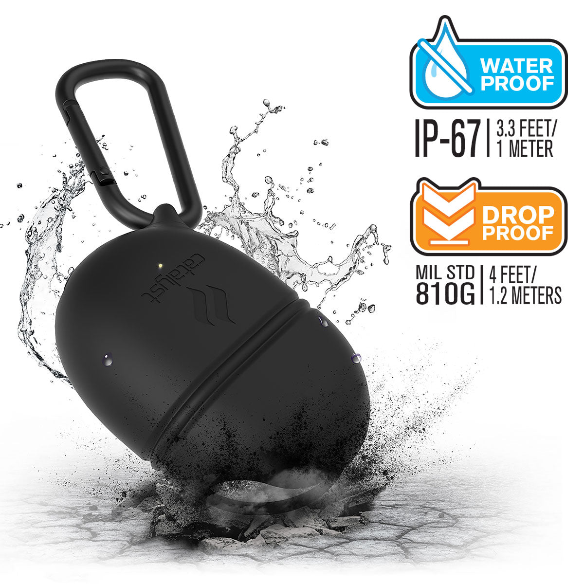 Catalyst google pixel buds 2 waterproof case carabiner showing how drop proof and waterproof the case is