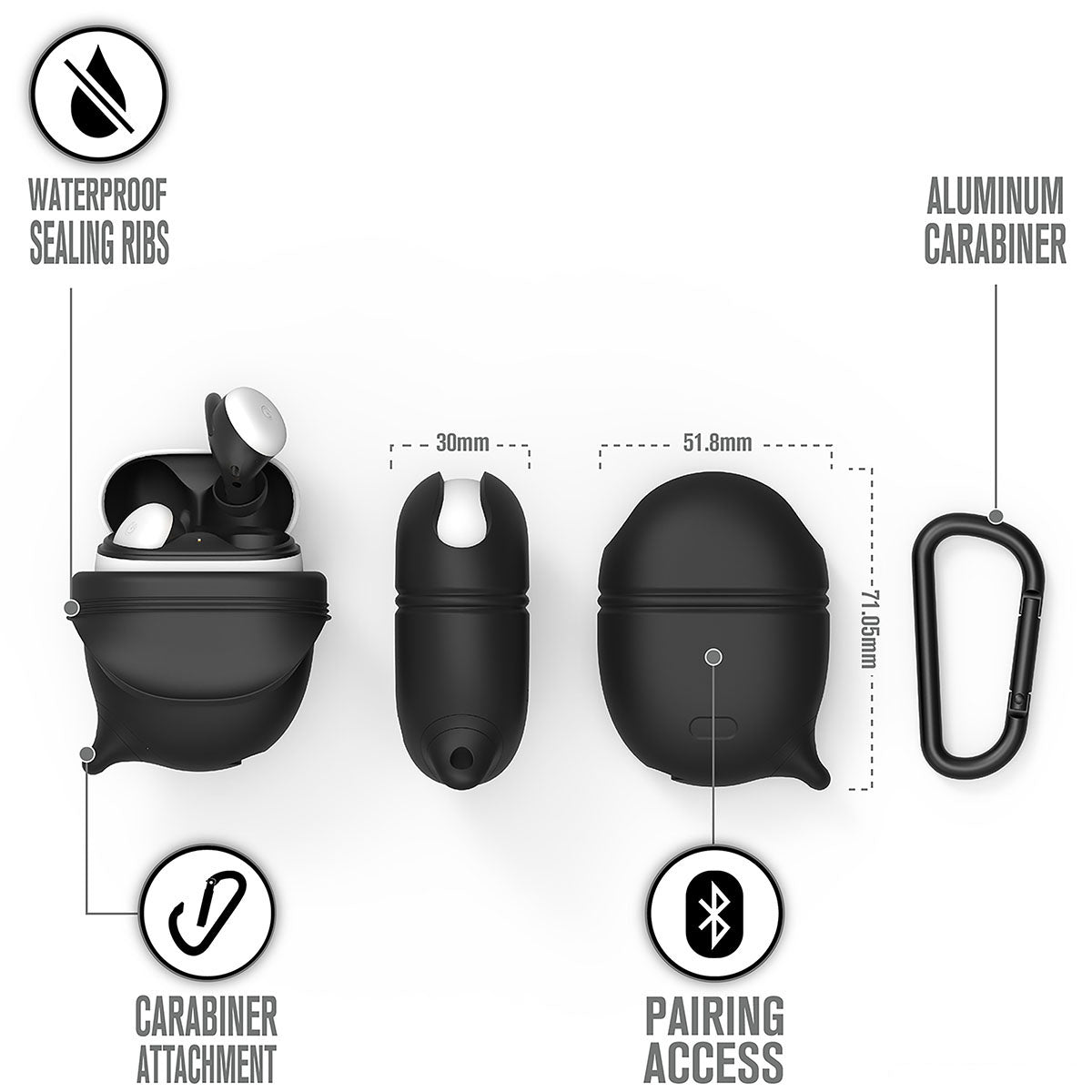 Catalyst google pixel buds 2 waterproof case carabiner showing the case dimension and features text reads waterproof sealing ribs aluminum carabiner pairing access carabiner attachment