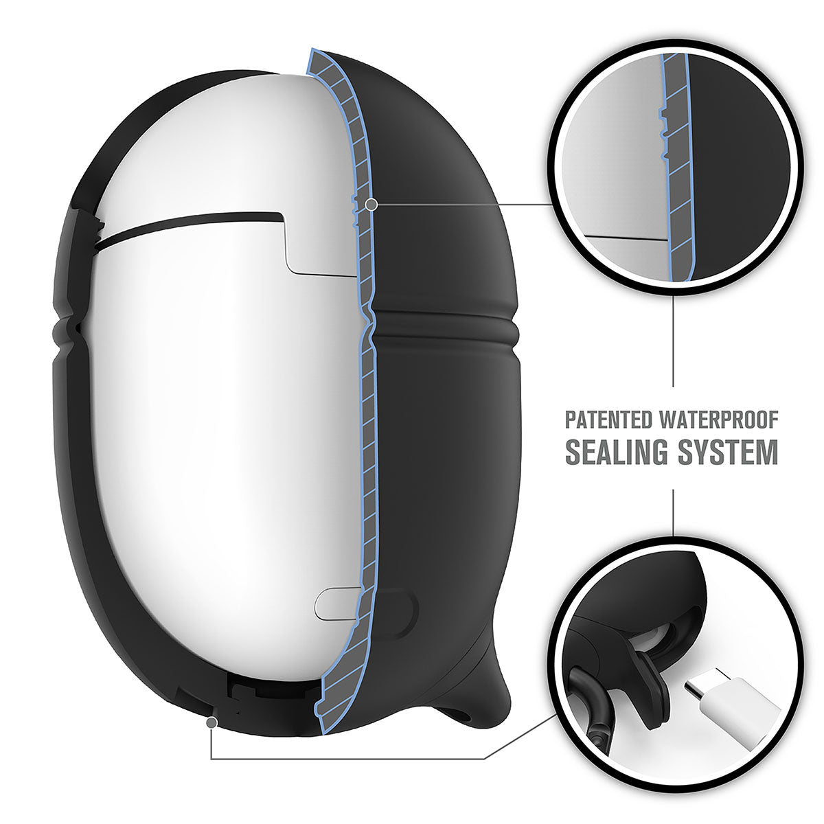 Catalyst google pixel buds 2 waterproof case carabiner showing the inner materials which makes the case waterproof