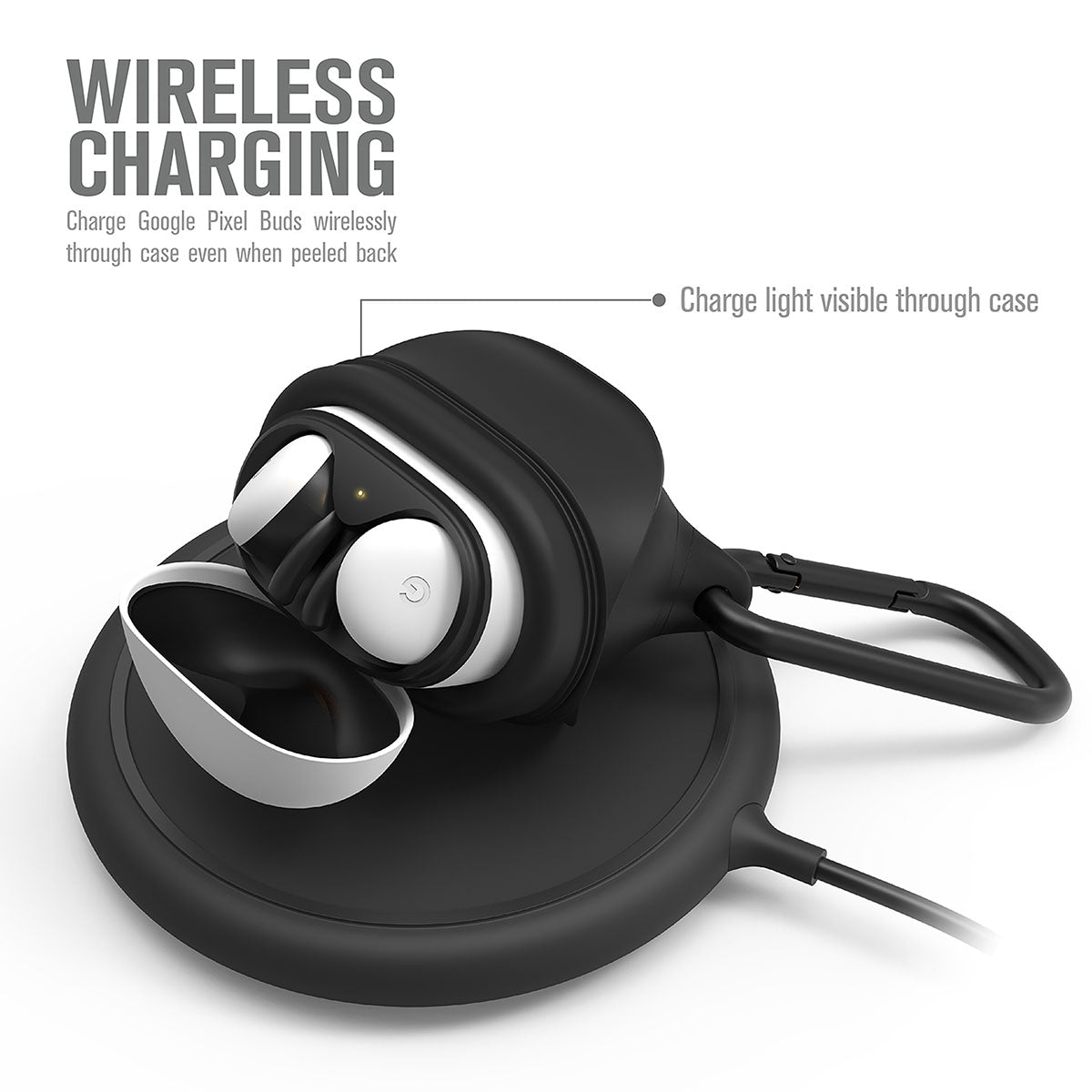Catalyst Google pixel buds 2 waterproof case showing magsafe wireless charging text reads wireless charging charge google pixel buds wirelessly throuh case even when peeled back charge light visible case