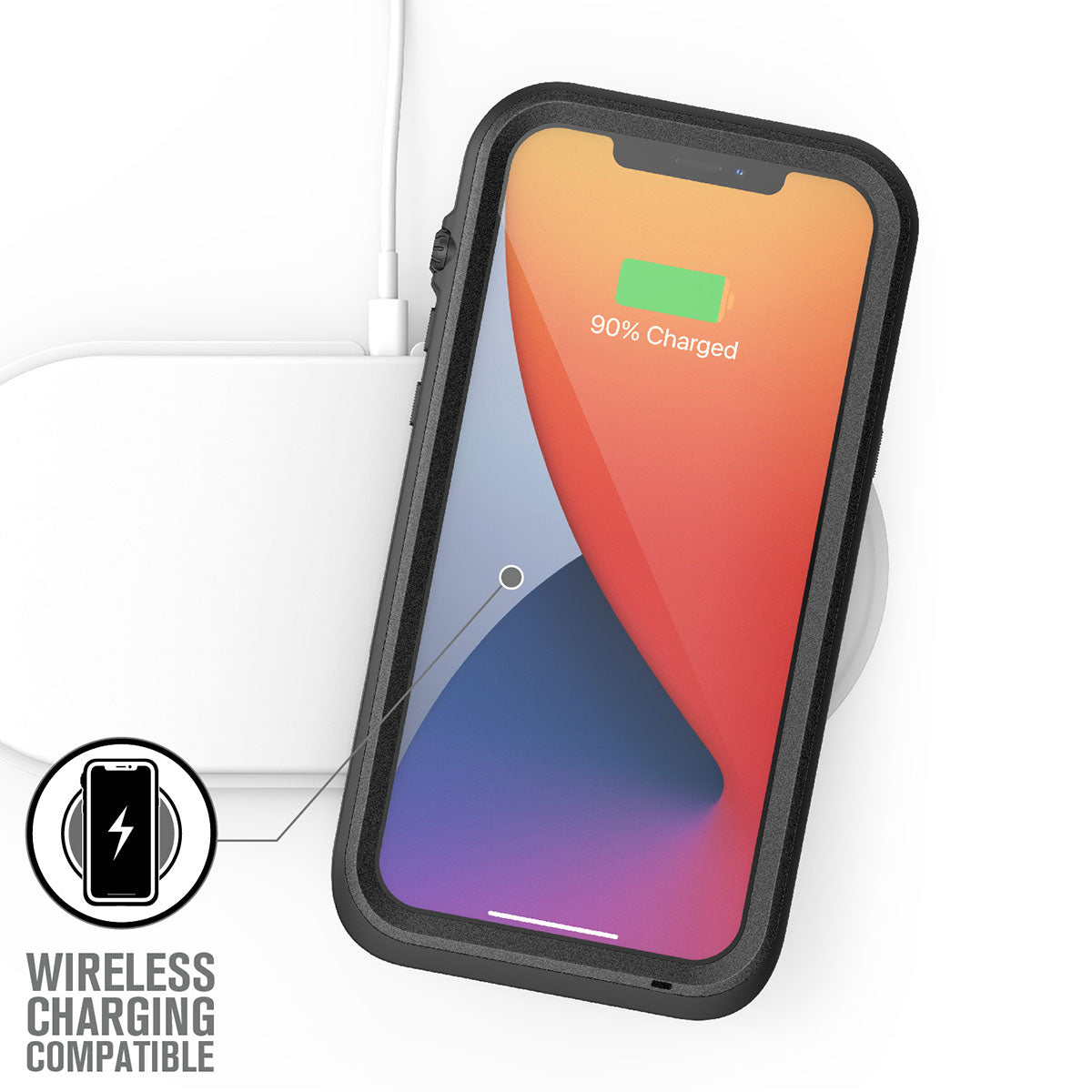Catalyst iPhone 12 waterproof case total protection Text reads Wireless charging compatible