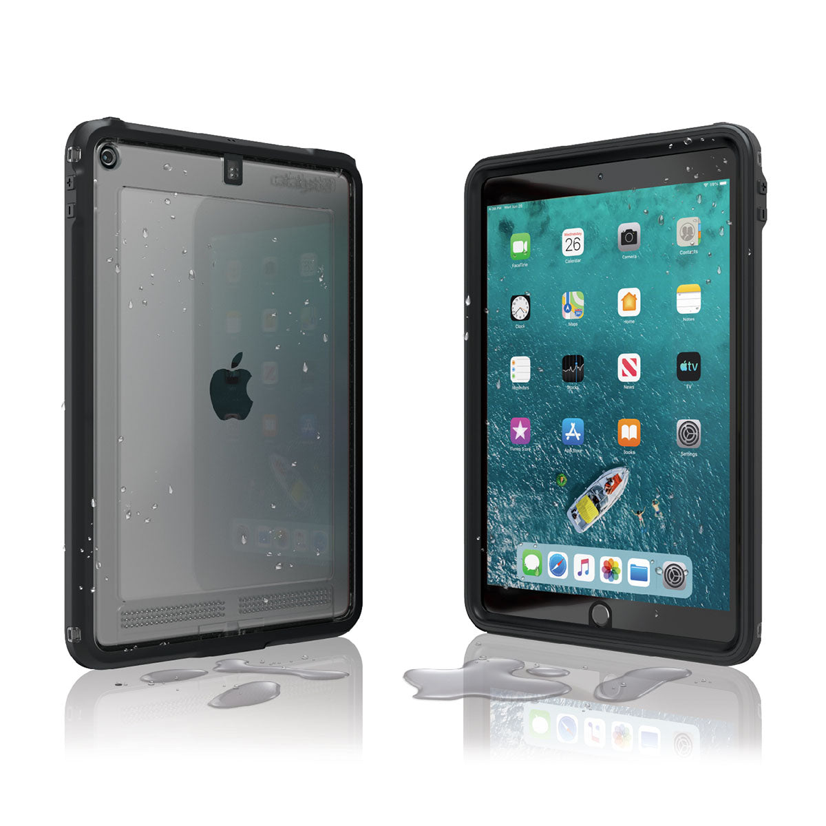 catalyst ipad air gen 3 10.5" waterproof case army green front and back view with water droplets