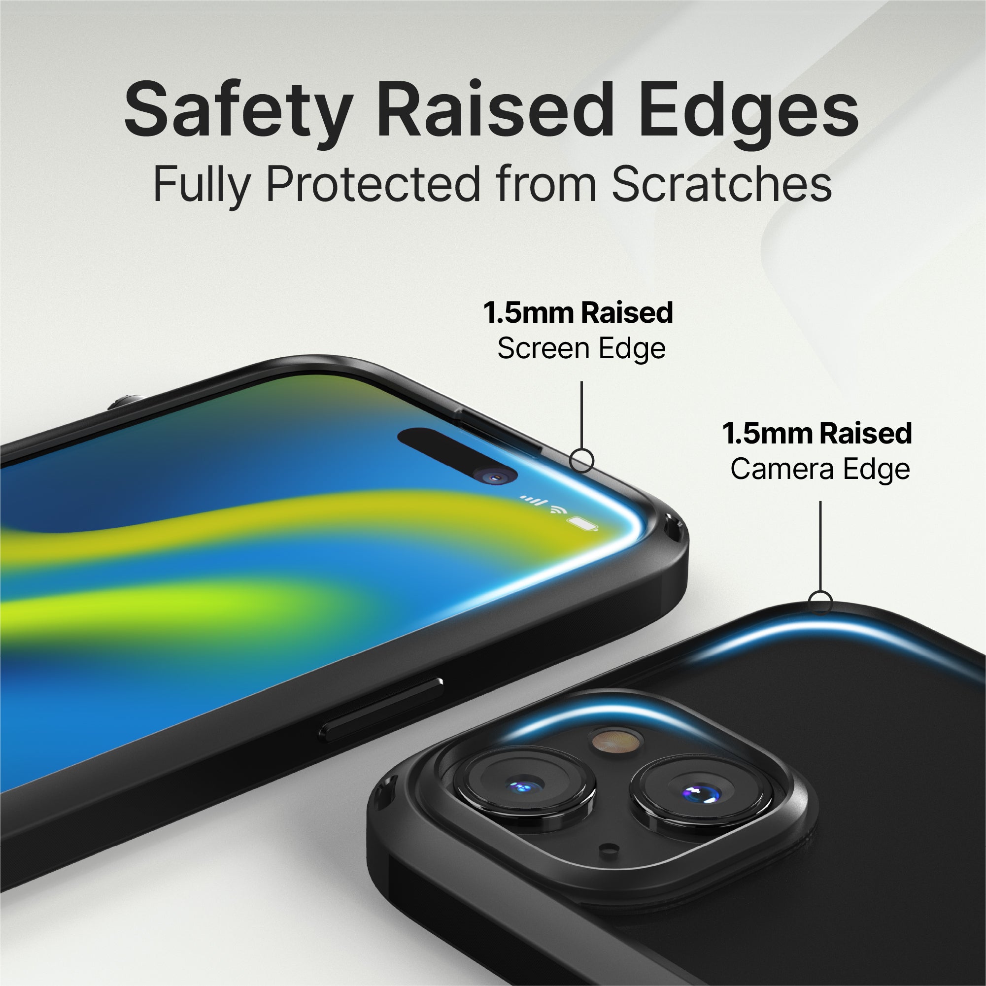 Catalyst iphone 15 series influence case iphone 15 pro in midnight black colorway showing the safety raised edges of the case text reads safety raised edges fully protected from scratches 1.5mm raised screen edge 1.5mm camera edge