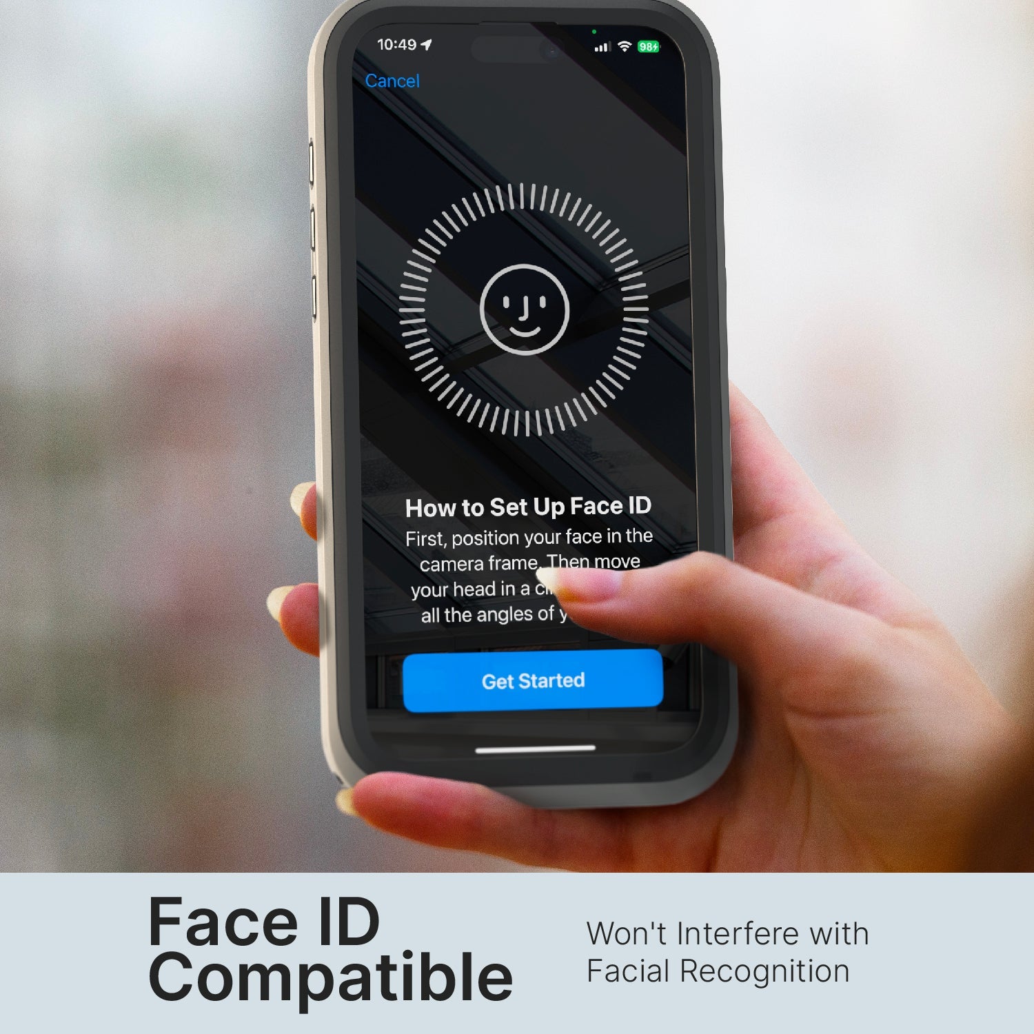 Catalyst iPhone 15 Pro Max waterproof case showing the face recognition text reads face ID compatible wont interfere with facial recognition