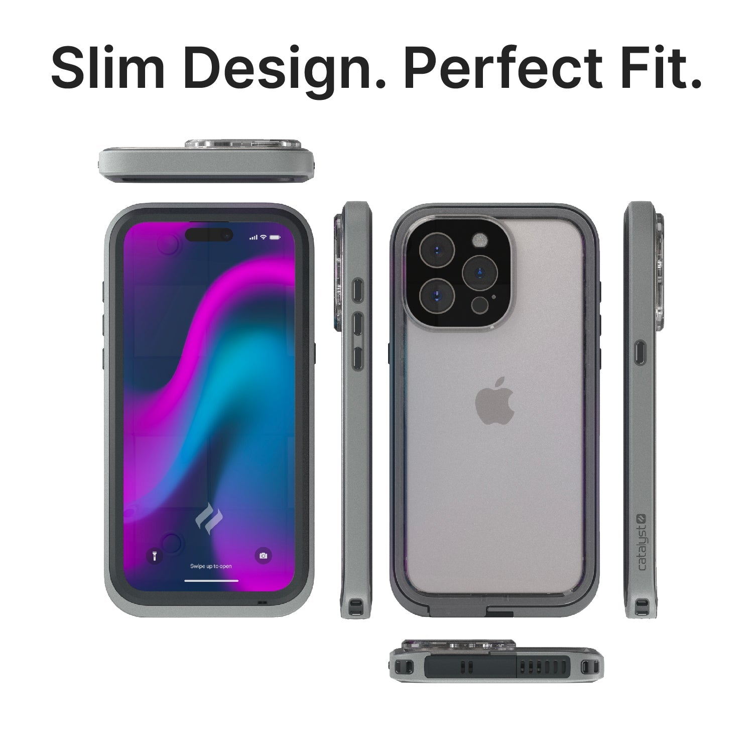 Catalyst iPhone 15 Pro waterproof case total protection showing different views of the case text reads slim design perfect fit