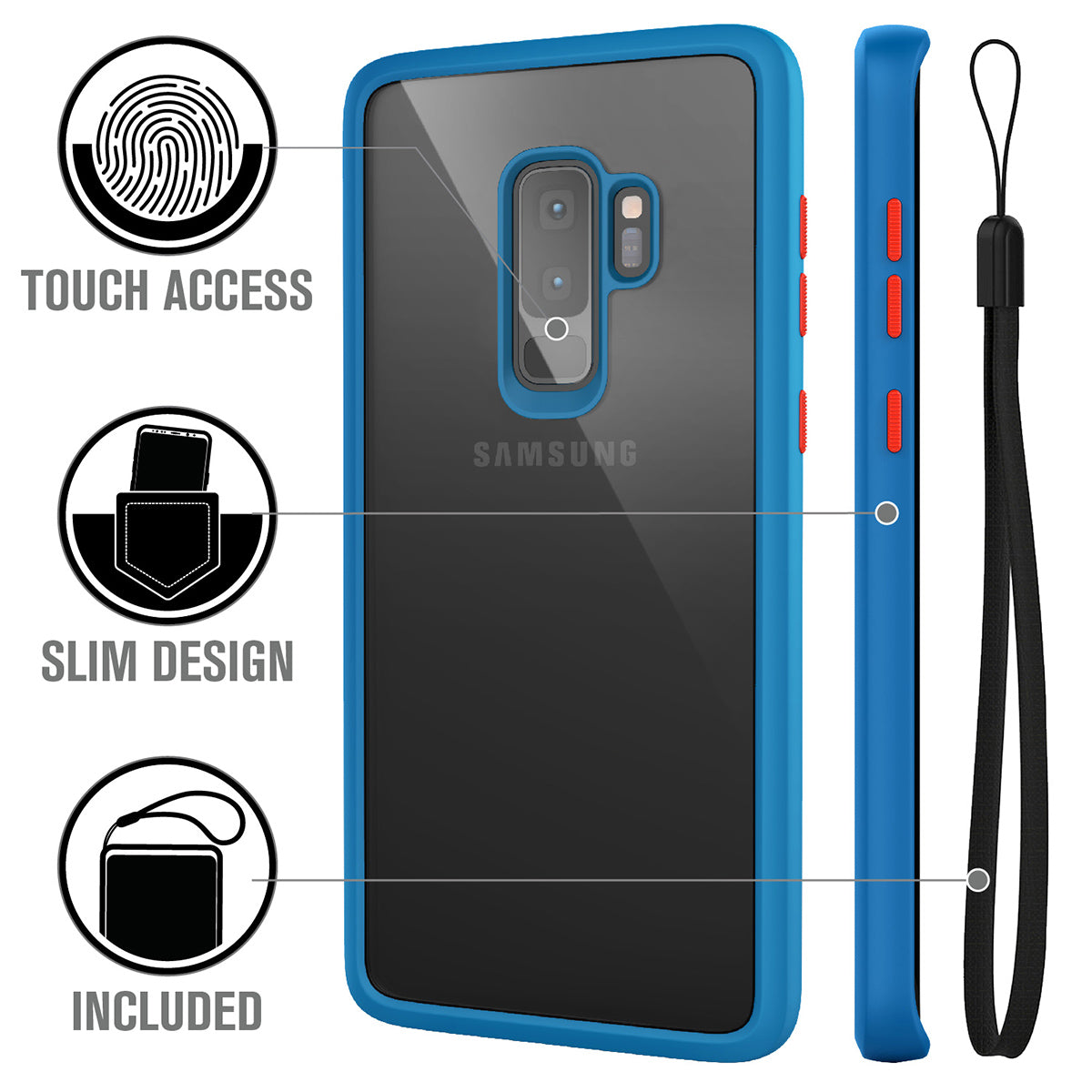 catalyst samsung galaxy s9 plus impact protection case blueridge sunset showing the back view and buttons of the case and a lanyard text reads touch access slim design included
