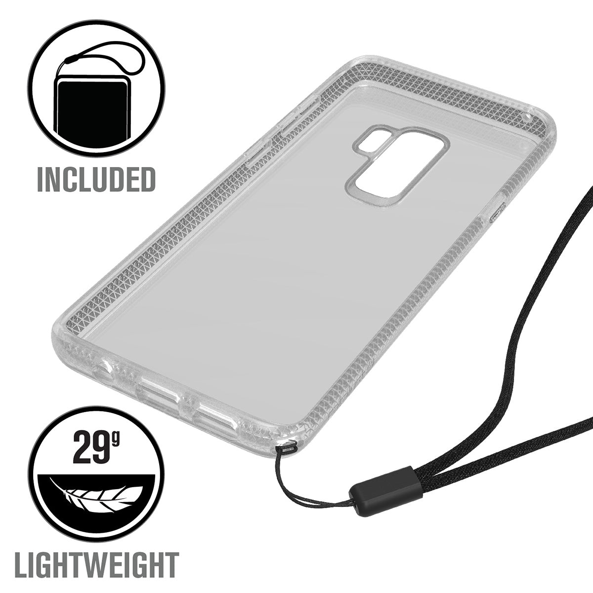 catalyst samsung galaxy s9 plus impact protection case clear empty case with a lanyard text reads included 29g lightweight
