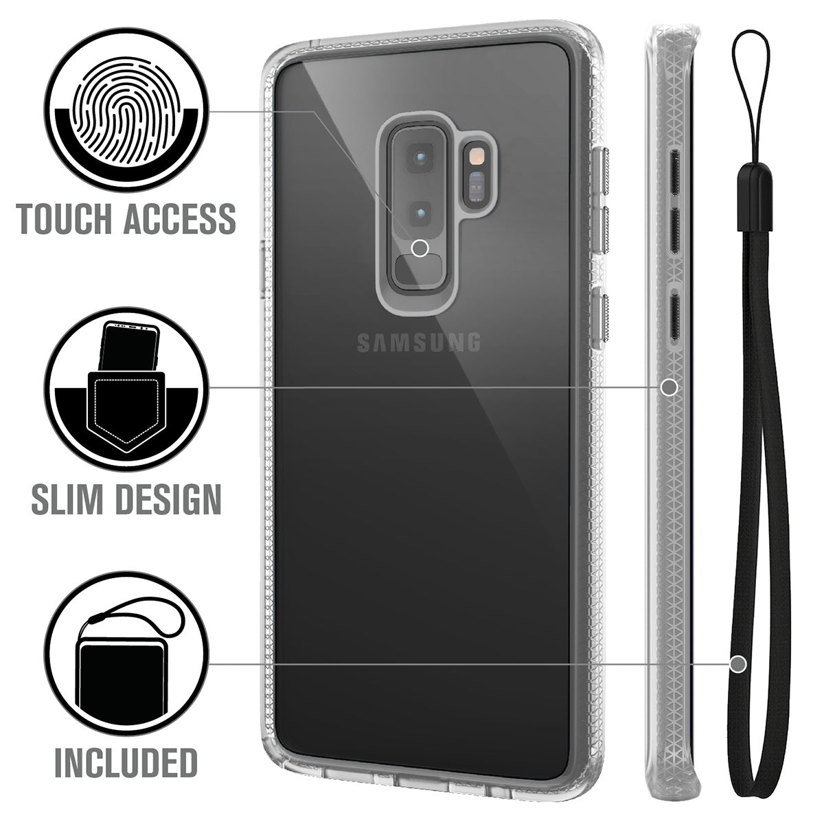 catalyst samsung galaxy s9 plus impact protection case clear showing the back view and buttons of the case and a lanyard text reads touch access slim design included