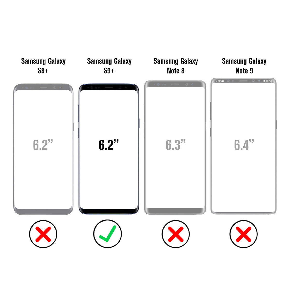 catalyst samsung galaxy s9 plus impact protection case showing different sizes of samsung galaxy green check on s9+ text reads samsung galaxy s8+ 6.2" samsung galaxy s9+ 6.2" samsung galaxy note 8 6.3" samsung galaxy note 9 6.4"