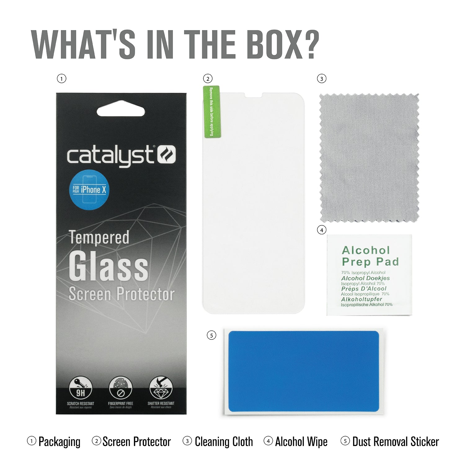 Catalyst Tempered Glass Screen Protector inside the box includes packaging screen protector cleaning cloth alcohol wipe dust removal sticker text reads packaging screen protector cleaning cloth alcohol wipe dust removal sticker alcohol prep pad