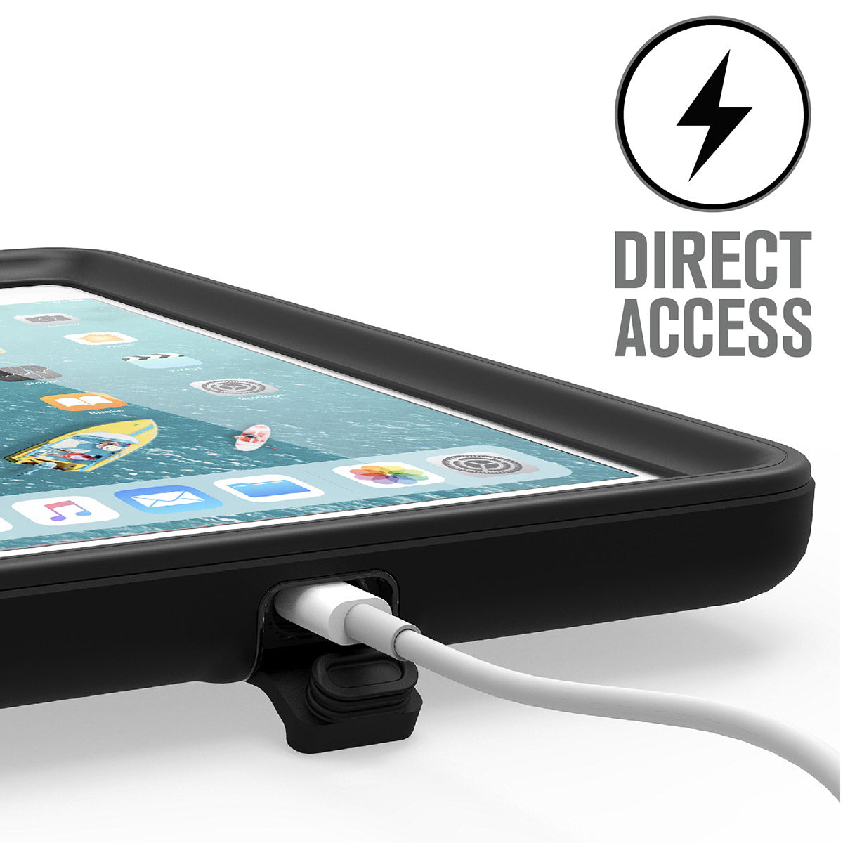 Catalyst waterproof case for ipad mini 5 black charging port access Text reads direct access