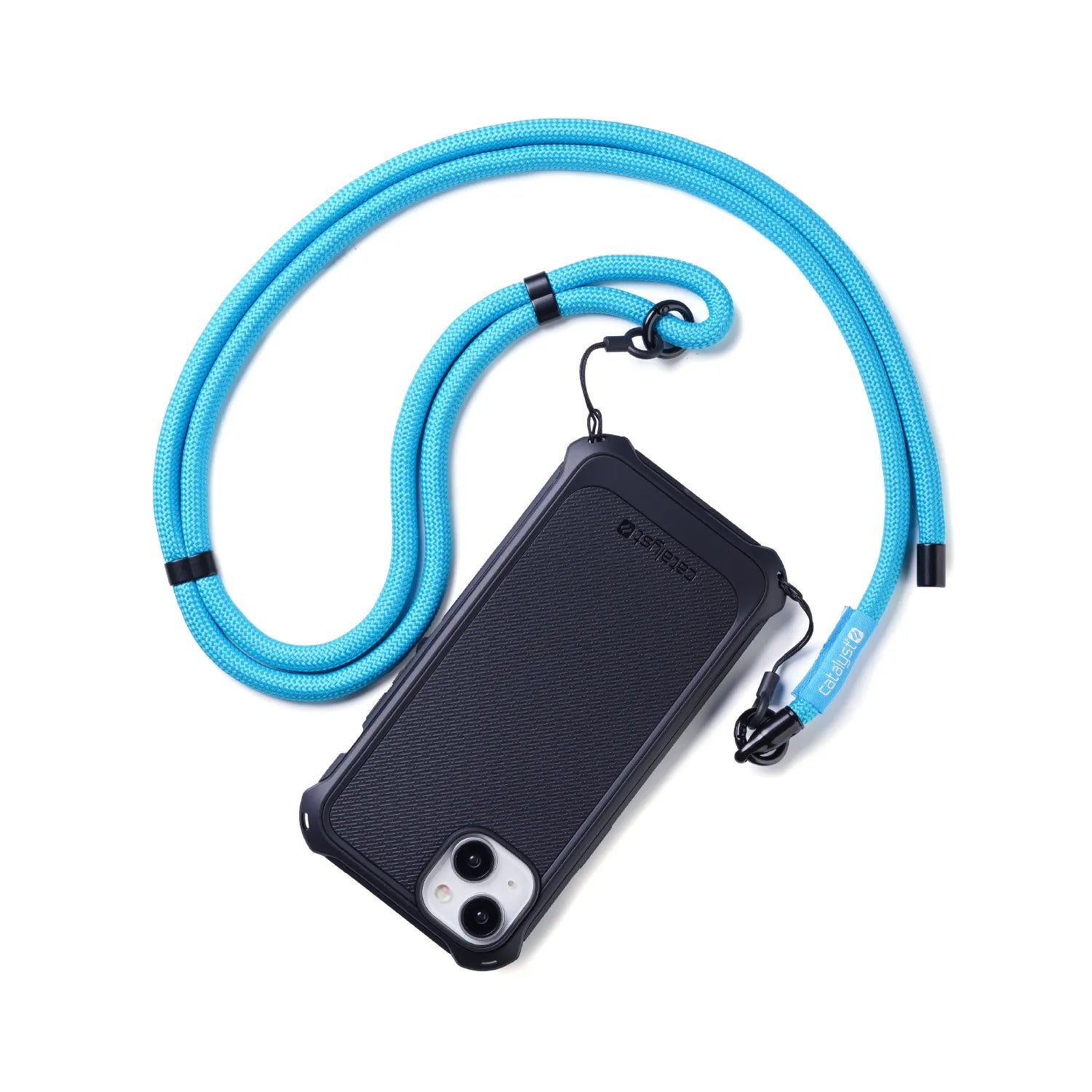A black smartphone with a dual-lens camera in a textured black case uses the Catalyst Case US Crossbody Shoulder Strap. The neon blue, adjustable lanyard provides hands-free convenience and forms a loose loop on white.