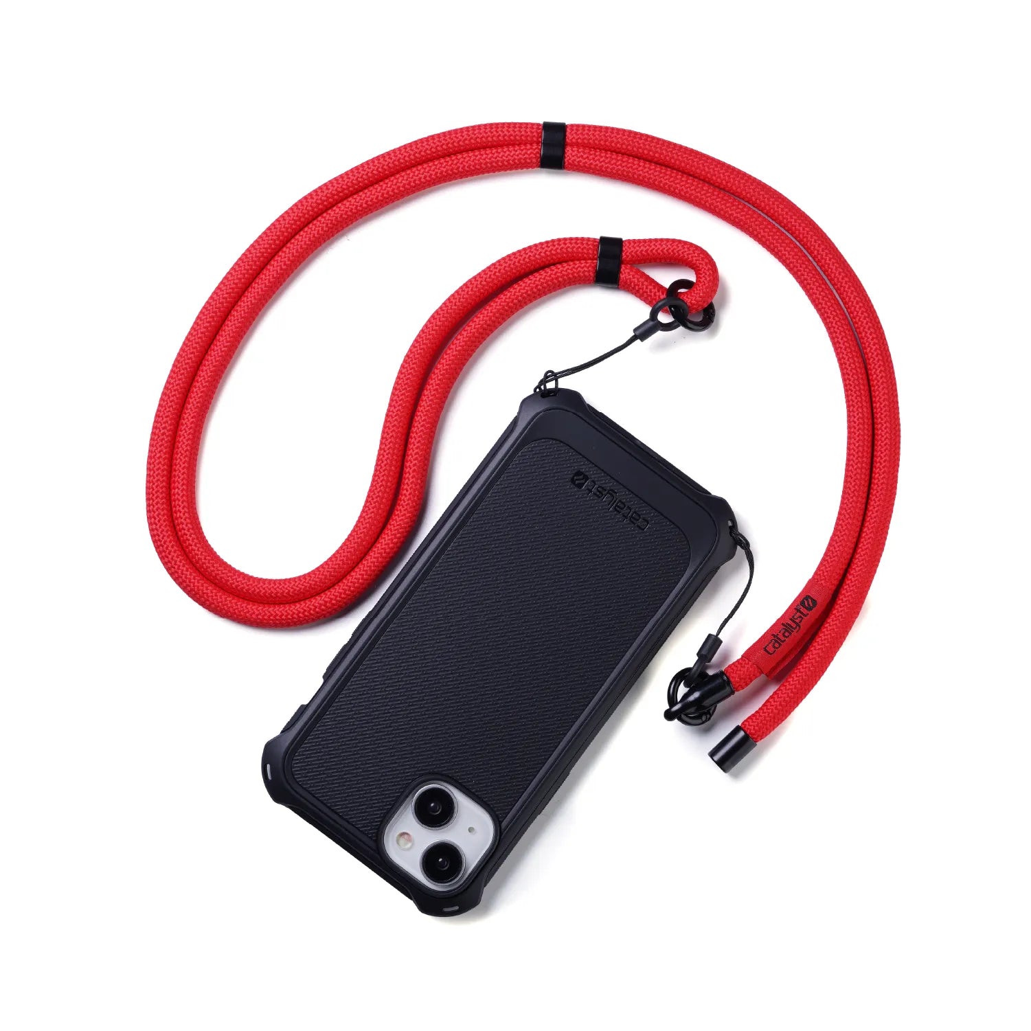 A black smartphone case attaches to the Catalyst Case US Crossbody Shoulder Strap in red, featuring durable material and adjustable black clips for secure, hands-free carrying around your neck or across your body.