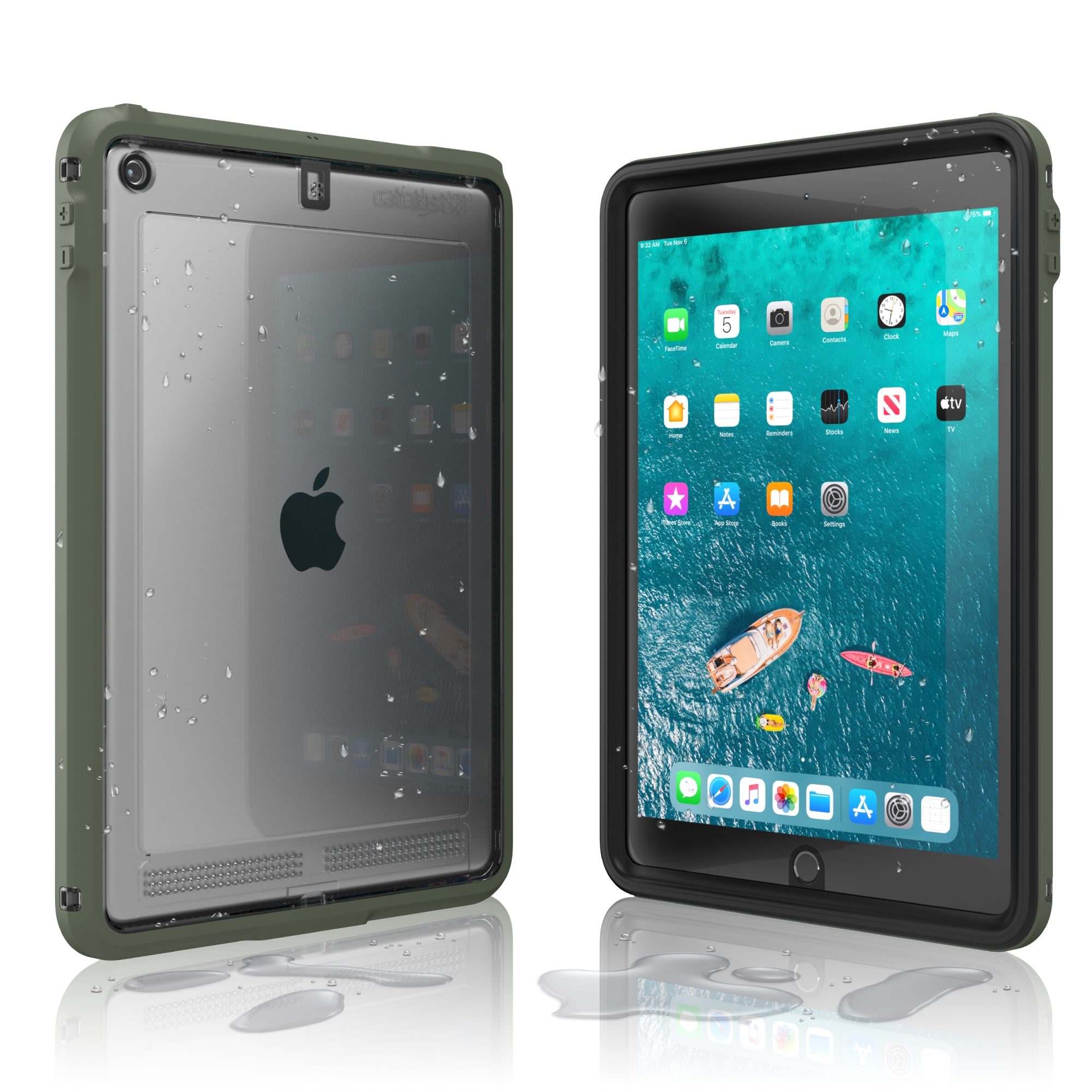 Two iPad (Gen 9/8/7), 10.2" tablets in Catalyst Case US Waterproof Cases (Army Green) are shown—one displays the home screen, the other the Apple logo—with water droplets illustrating their water-resistant protection.