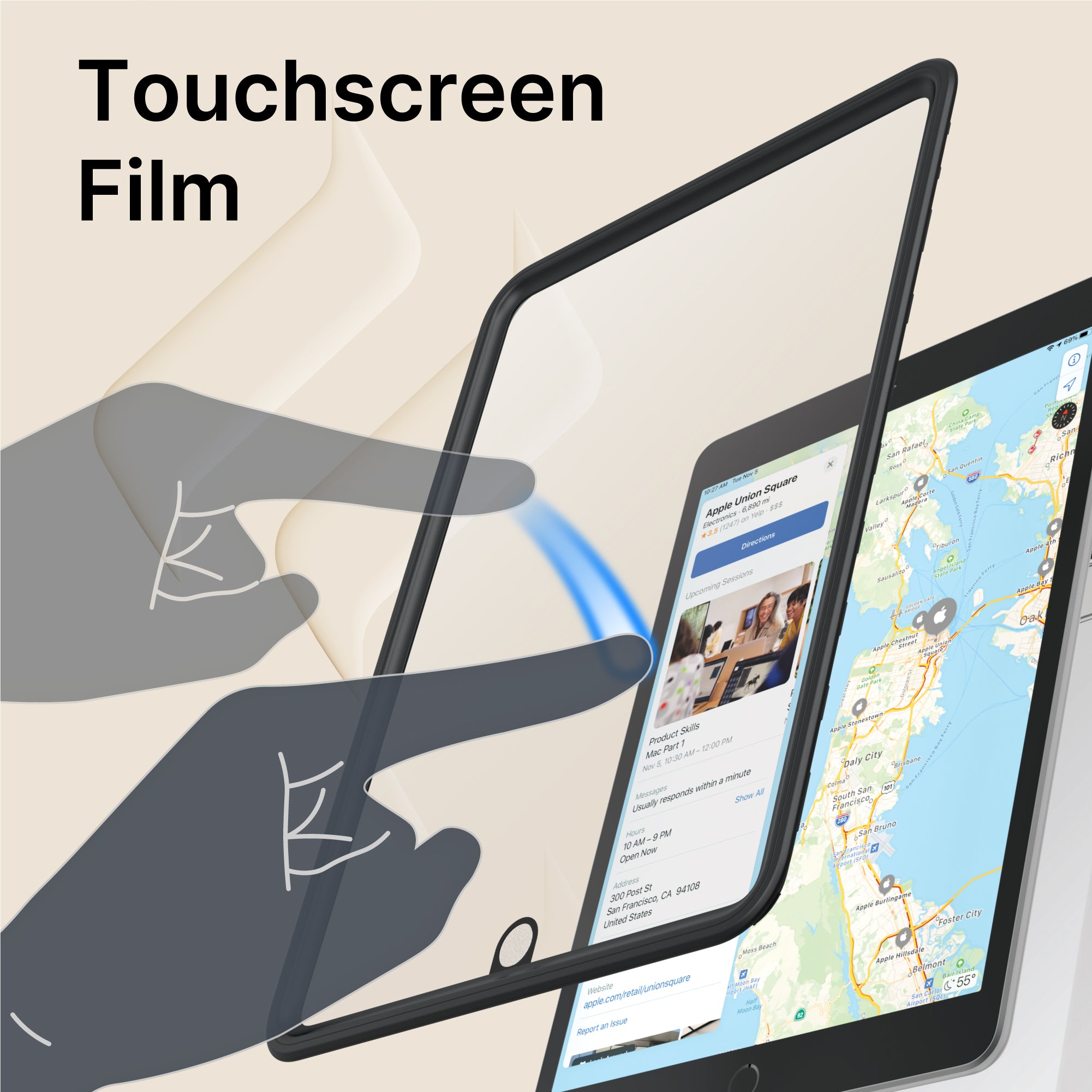 Two illustrated hands lift a translucent film above an iPad (Gen 9/8/7), 10.2" in a Catalyst Case US waterproof case, showing its clear, touch-sensitive protection. "Touchscreen Film" appears in bold at the top left.