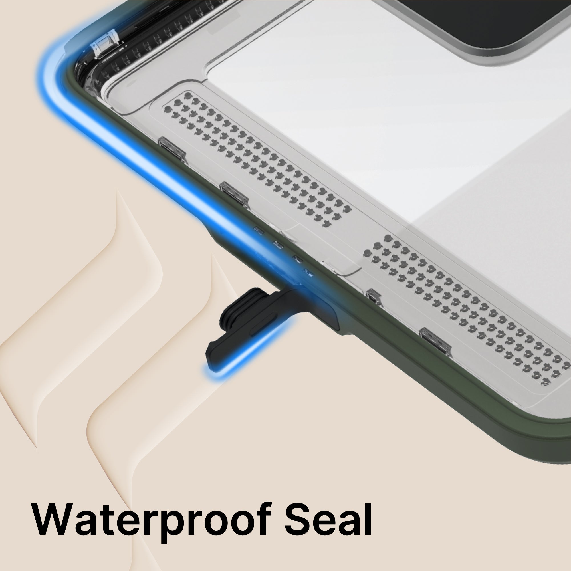 Close-up of Catalyst Case US iPad (Gen 9/8/7) 10.2" Waterproof Case corner with blue outline showing the waterproof seal. The transparent case features a black edge and plug, set against a light beige background with "Waterproof Seal" text.