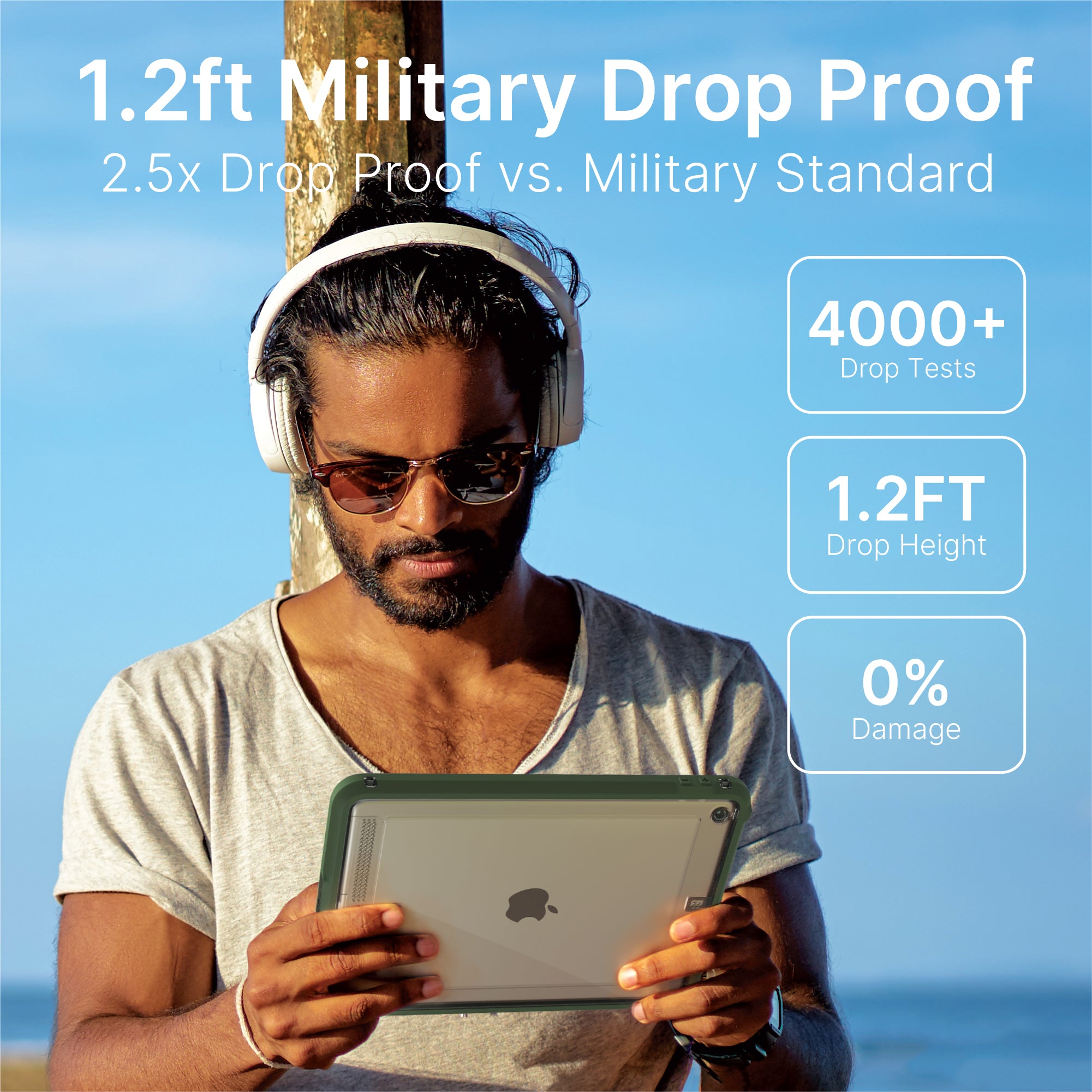 A bearded man with sunglasses and white headphones stands outdoors holding a Catalyst Case US Waterproof Case for iPad (Gen 9/8/7), 10.2". Text reads: "1.2ft Military Drop Proof," "4000+ Drop Tests," "1.2FT Drop Height," and "0% Damage.