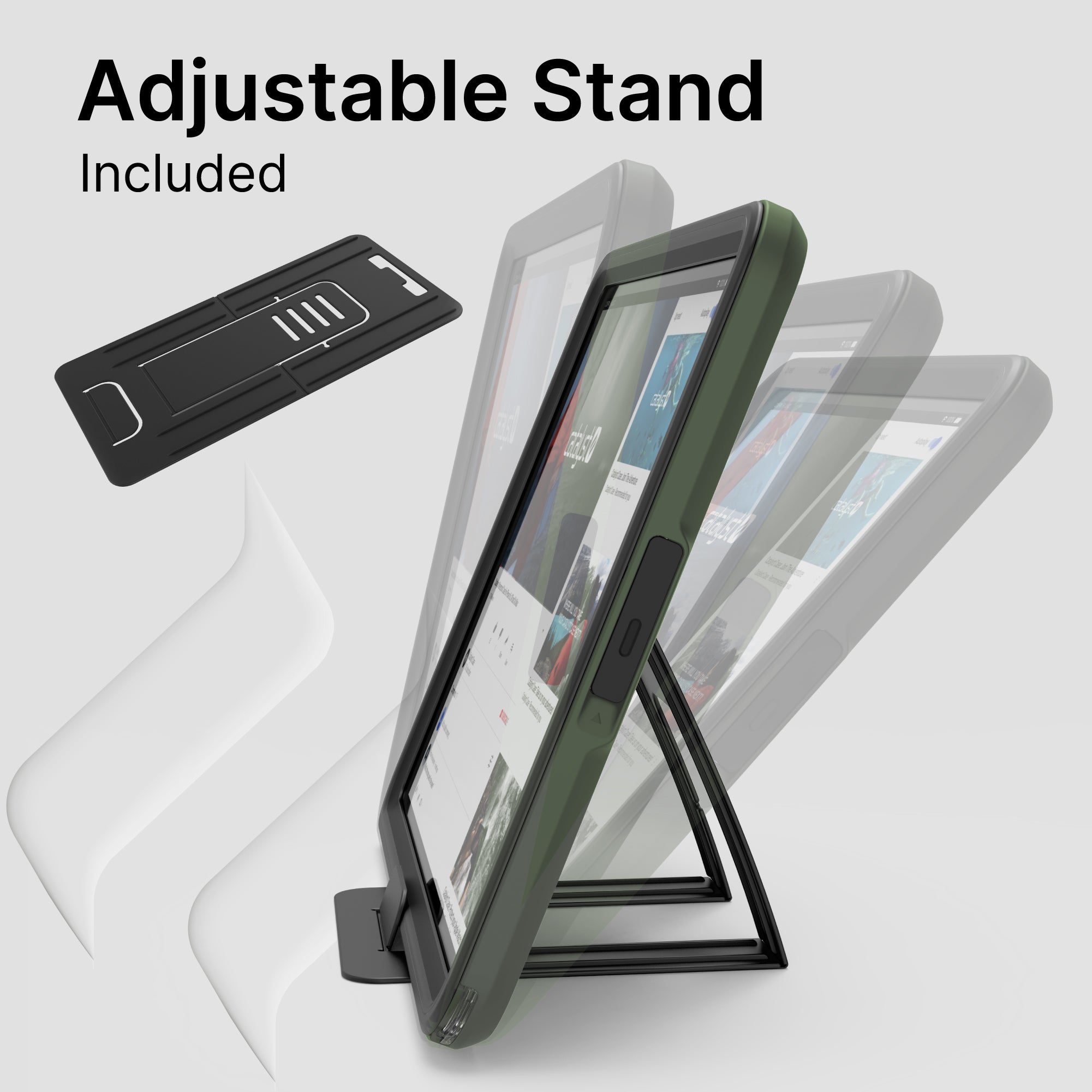 The Catalyst Case US Waterproof Case for iPad (Gen 9/8/7), 10.2", is displayed in green on an adjustable black stand, showcasing multiple viewing angles. "Adjustable Stand Included" appears in bold on a light gray background, with the folded stand shown above.