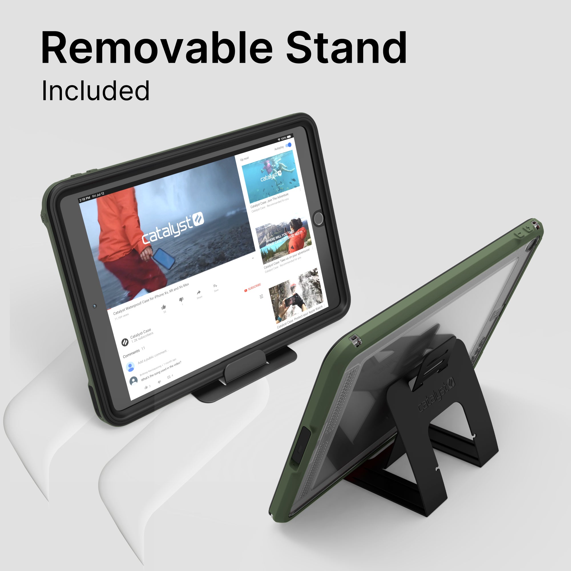 Two iPads (Gen 9/8/7, 10.2") in Catalyst Case US Waterproof Cases are shown on black removable stands against a gray background. One displays a YouTube video, the other the case’s back. Text above reads: “Removable Stand Included.”.
